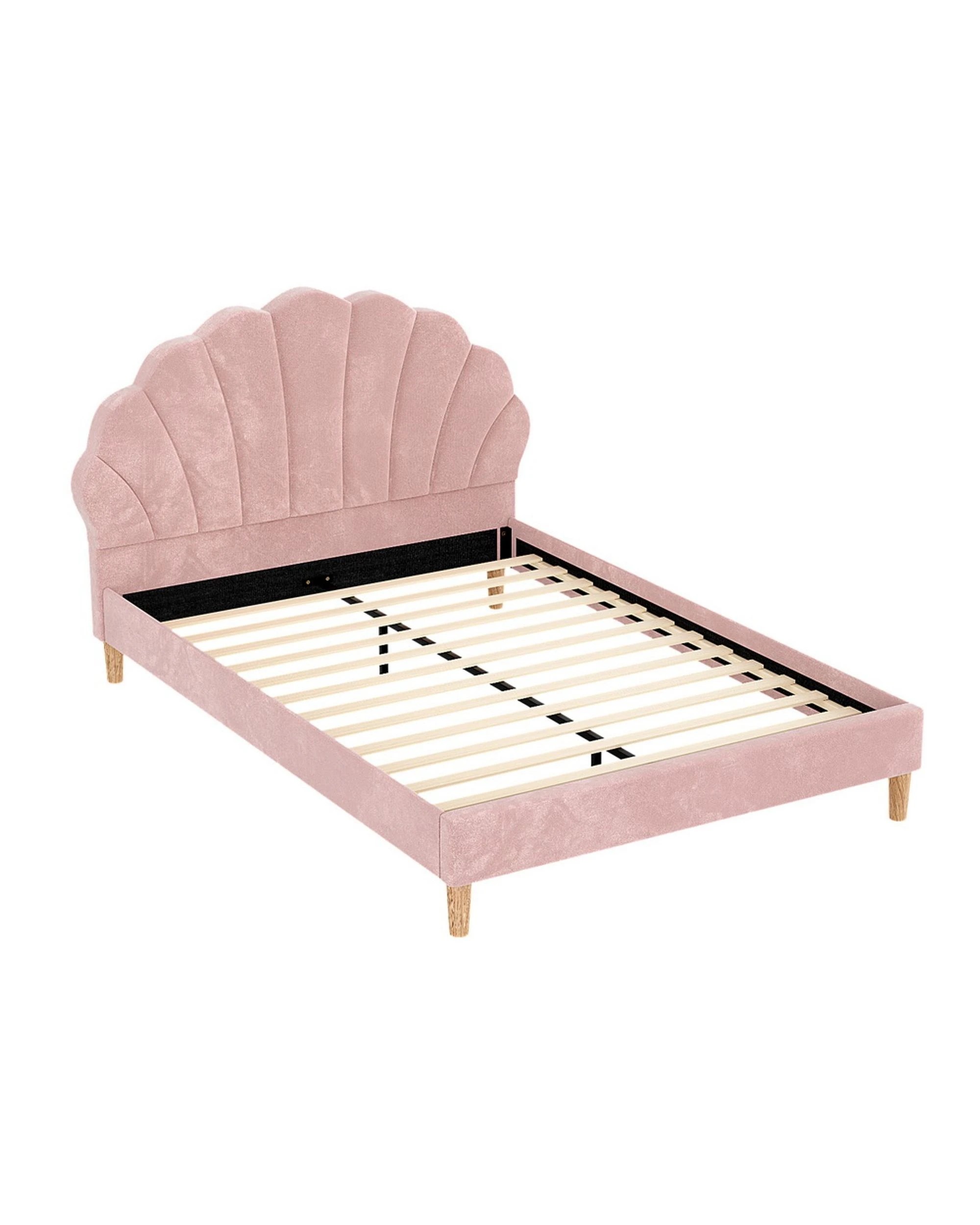 1 Artiss Bed Frame Double Size Scallop-Shape Bedhead Beds Base  Velvet Fabric - Pink, 1 of 7