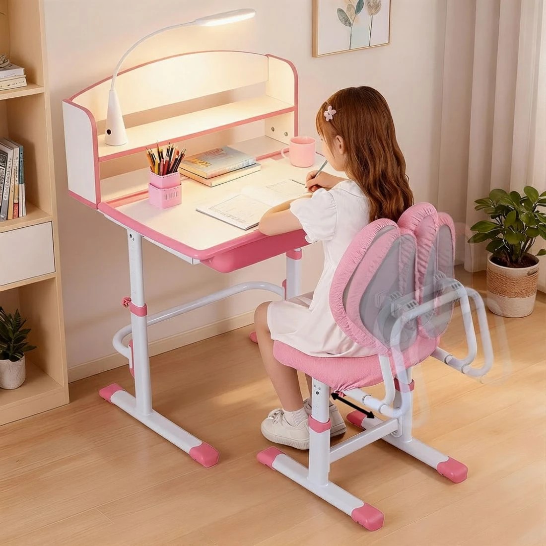 5 Keezi Kids Study Desk Chair Set Adjustable Ergonomic Table LED Lamp - Pink, 5 of 6