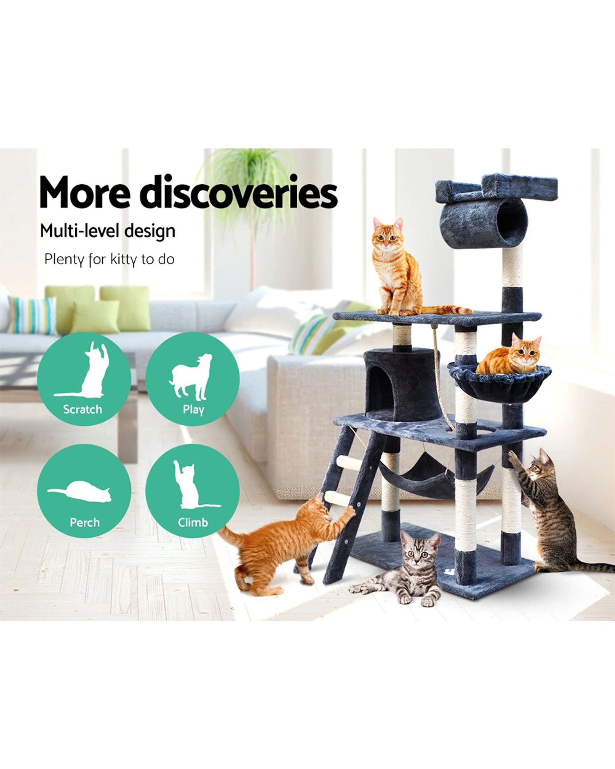 2 I.pet Cat Tree 141cm Tower Scratching Post Scratcher Condo Wood House Bed
 - Grey, 2 of 3