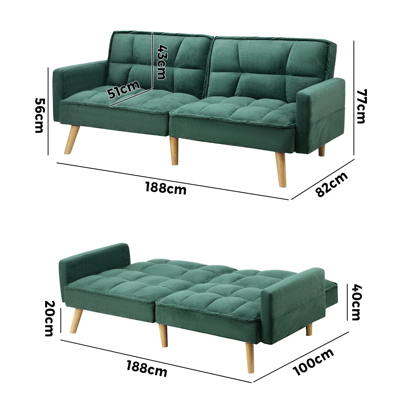 10 Oikiture Sofa Bed Futon Convertible Velvet Lounge Couch 3-seater Recliner
 - Green, 10 of 10