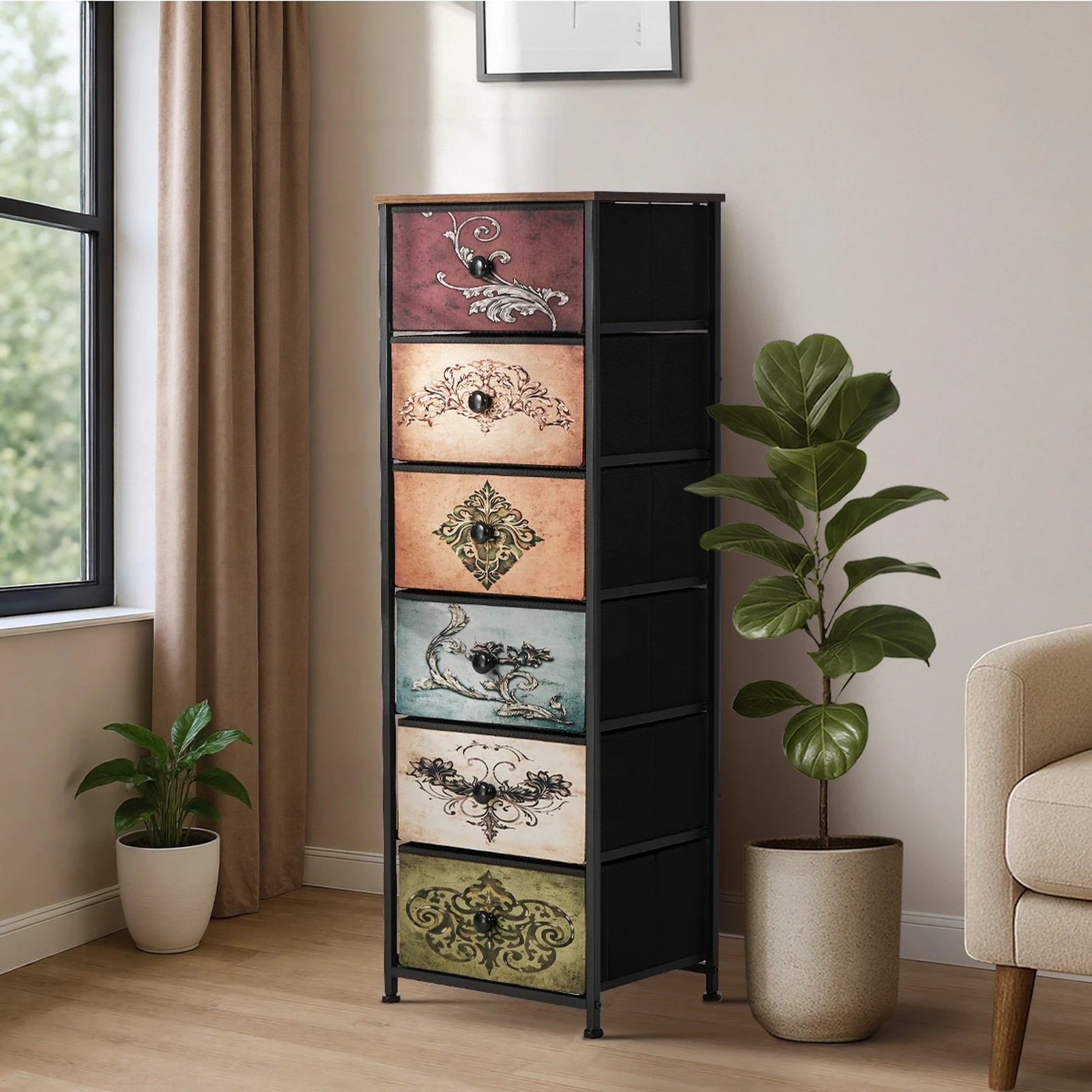 4 Oikiture 6 Chest Of Drawers Retro Tallboy Printed Foldable Fabric Drawers - Multi, 4 of 6