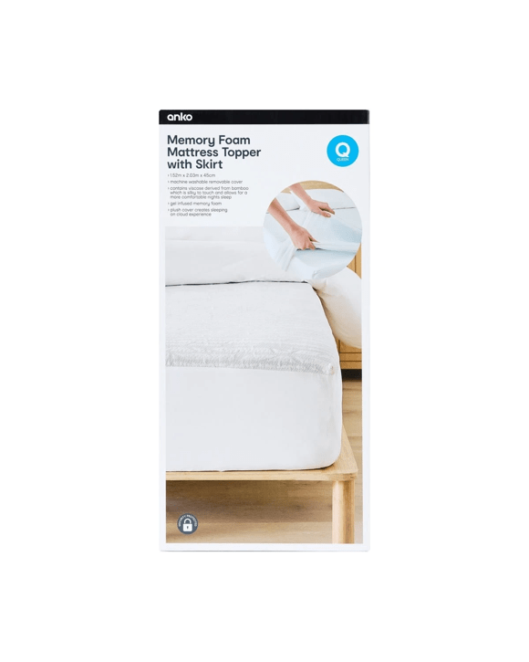 Memory Foam Mattress Topper with Skirt - Queen Bed, White and Grey