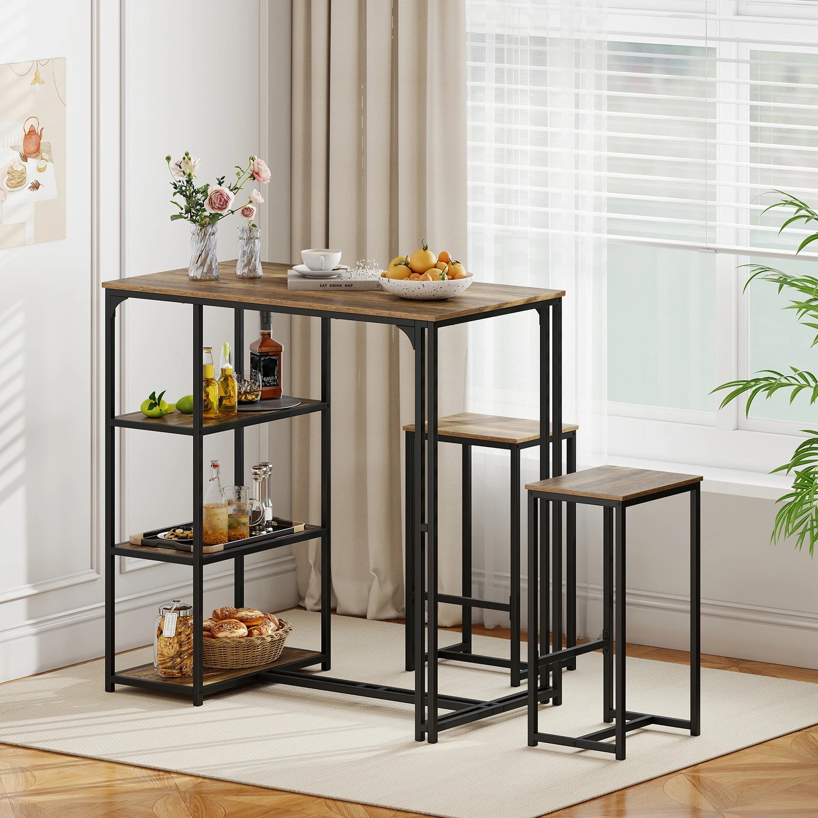 3 Costway 3PCS Dining Furniture Set Bar Table & 2 Stools 3 Storage Shelf Metal Frame, 3 of 4