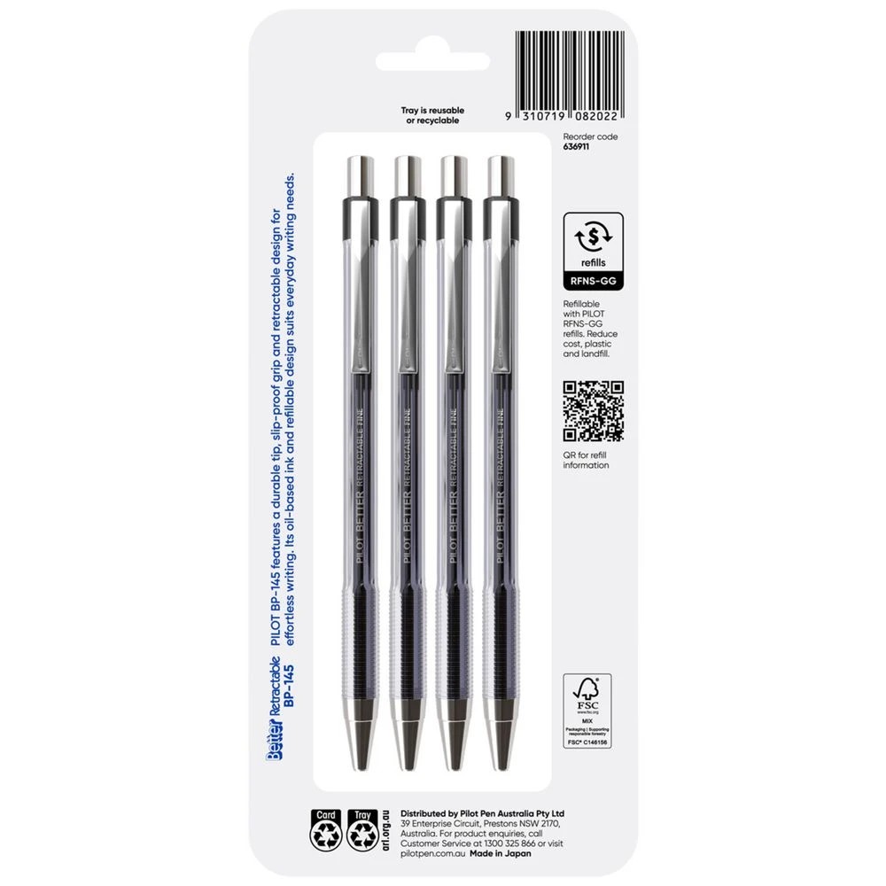 2 PILOT BP-145 Retractable Ballpoint Pen Fine 0.7mm Black 4 Pk, 2 of 8