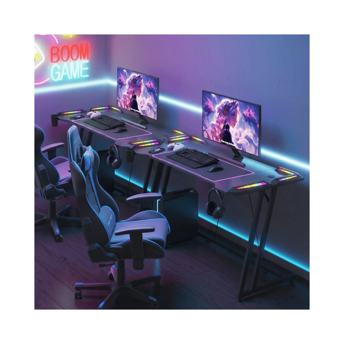3 140cm LED RGB Gaming Desk Carbon Fiber Surface Computer Desk with Cup Holder Headphone Hook, 3 of 10