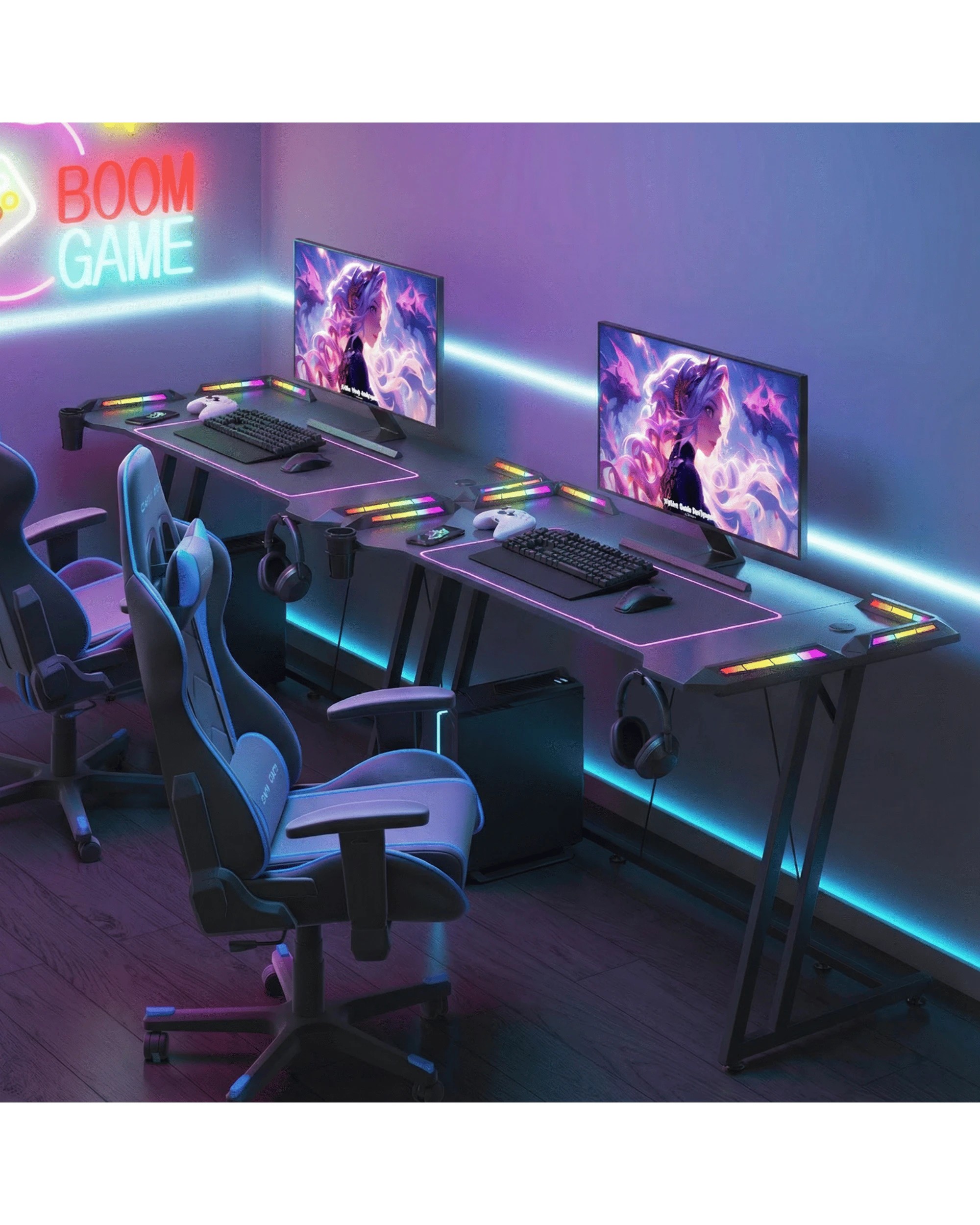 3 Advwin 140cm LED RGB Gaming Desk Carbon Fiber Surface Computer Desk with Cup Holder Headphone Hook, 3 of 10
