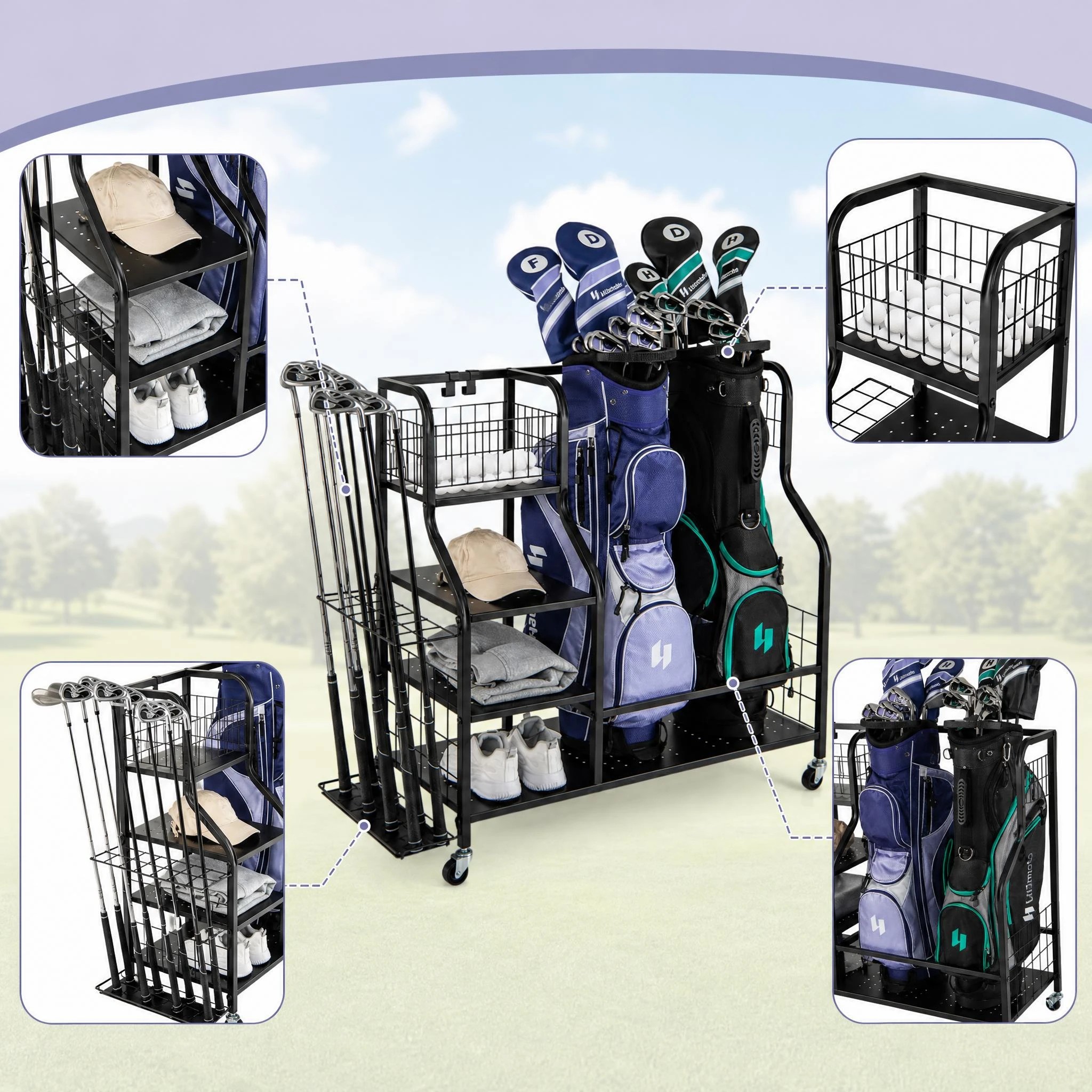 5 Costway Golf Bag Storage Garage Organizer Golf Bag Stand Golf Club Rack Holder w/Wheels, 5 of 7
