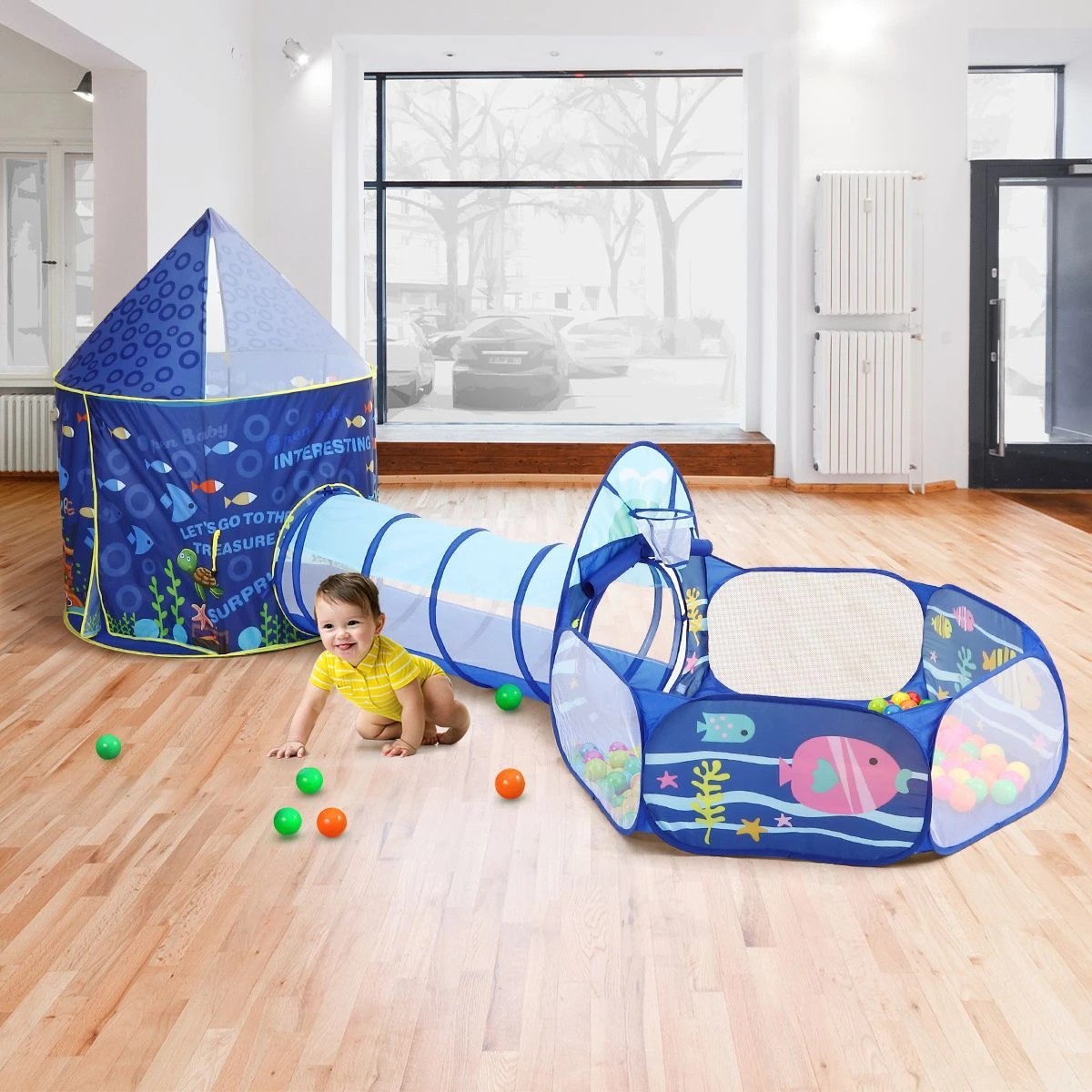5 AUSWAY 3-In-1 Kids Play Tent House Baby Crawl Tunnel Ball Pit, 5 of 8
