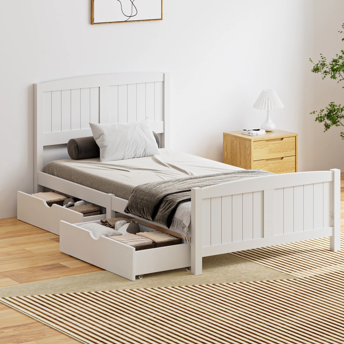 8 Oikiture Wooden Bed Frame King Single Base With Trundle Storage Drawers
 - White, 8 of 8