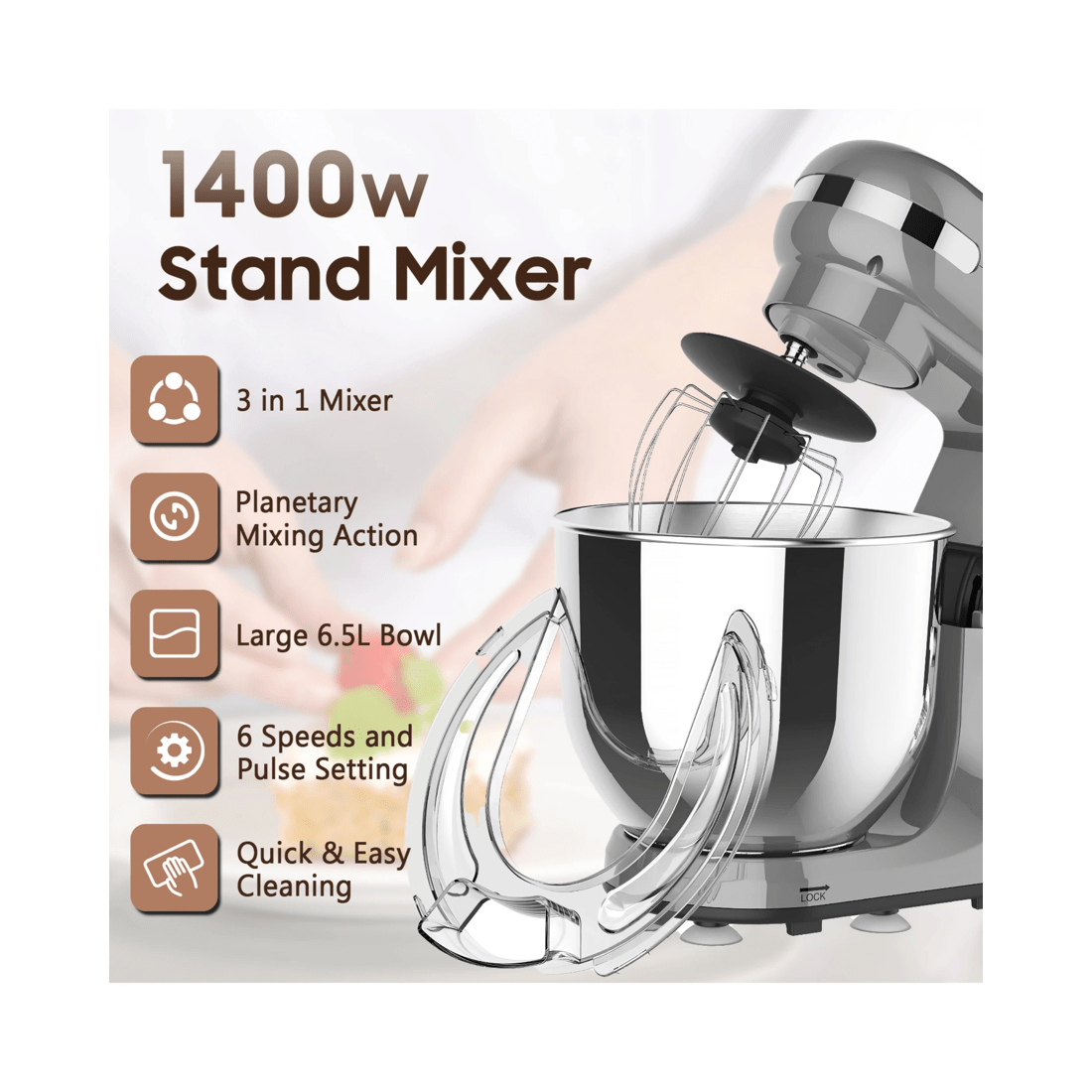 2 Advwin 1400w 6.5l Electric Stand Mixer Grey, 2 of 7