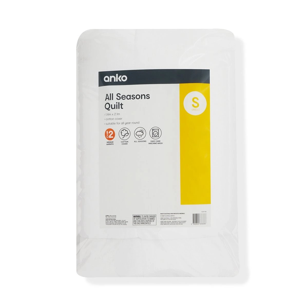 1 Medium Warmth All Seasons Quilt - Single Bed, White, 1 of 6