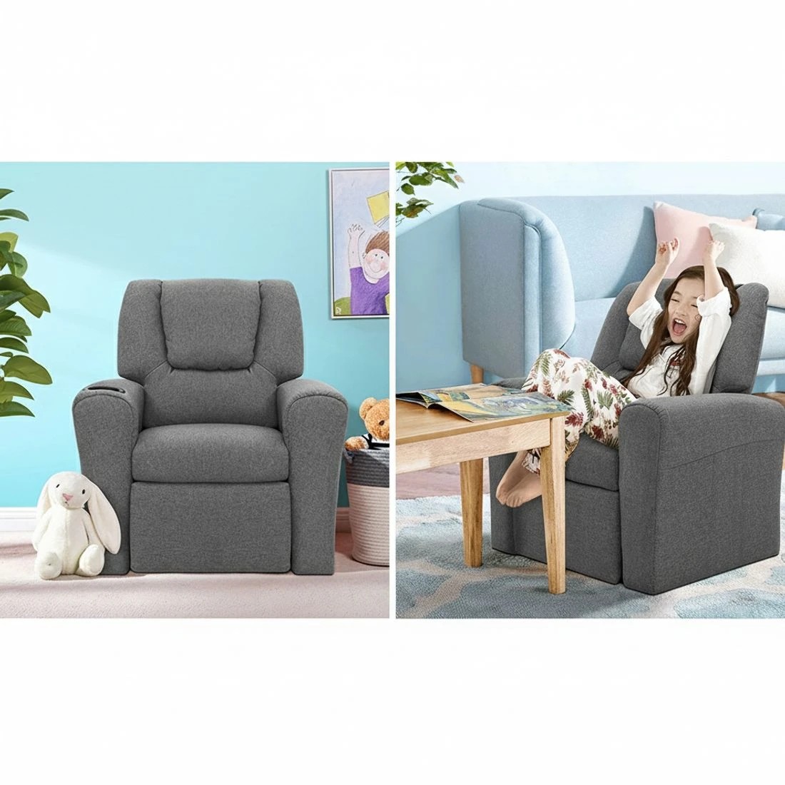 3 Keezi Kids Recliner Chair  Linen Soft Sofa Lounge Couch Children - Grey, 3 of 7