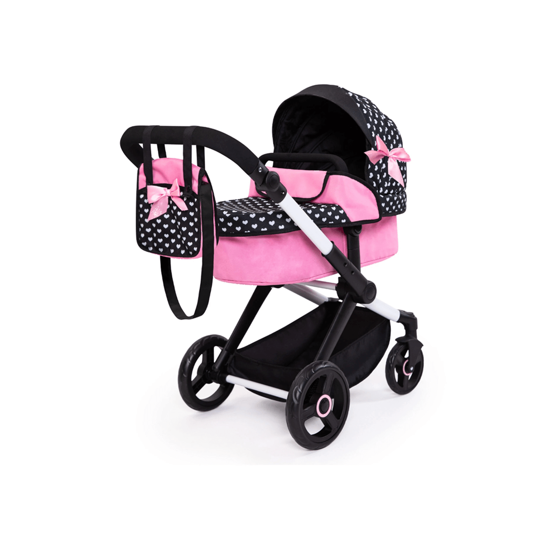 1 Bayer Xeo Compact Adjustable Doll Pram With White Hearts And Bow Kids 3+
 - Pink, 1 of 2