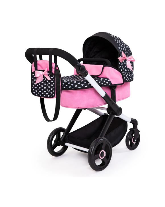 Bayer Xeo Compact Adjustable Doll Pram With White Hearts And Bow Kids 3+ - Pink
