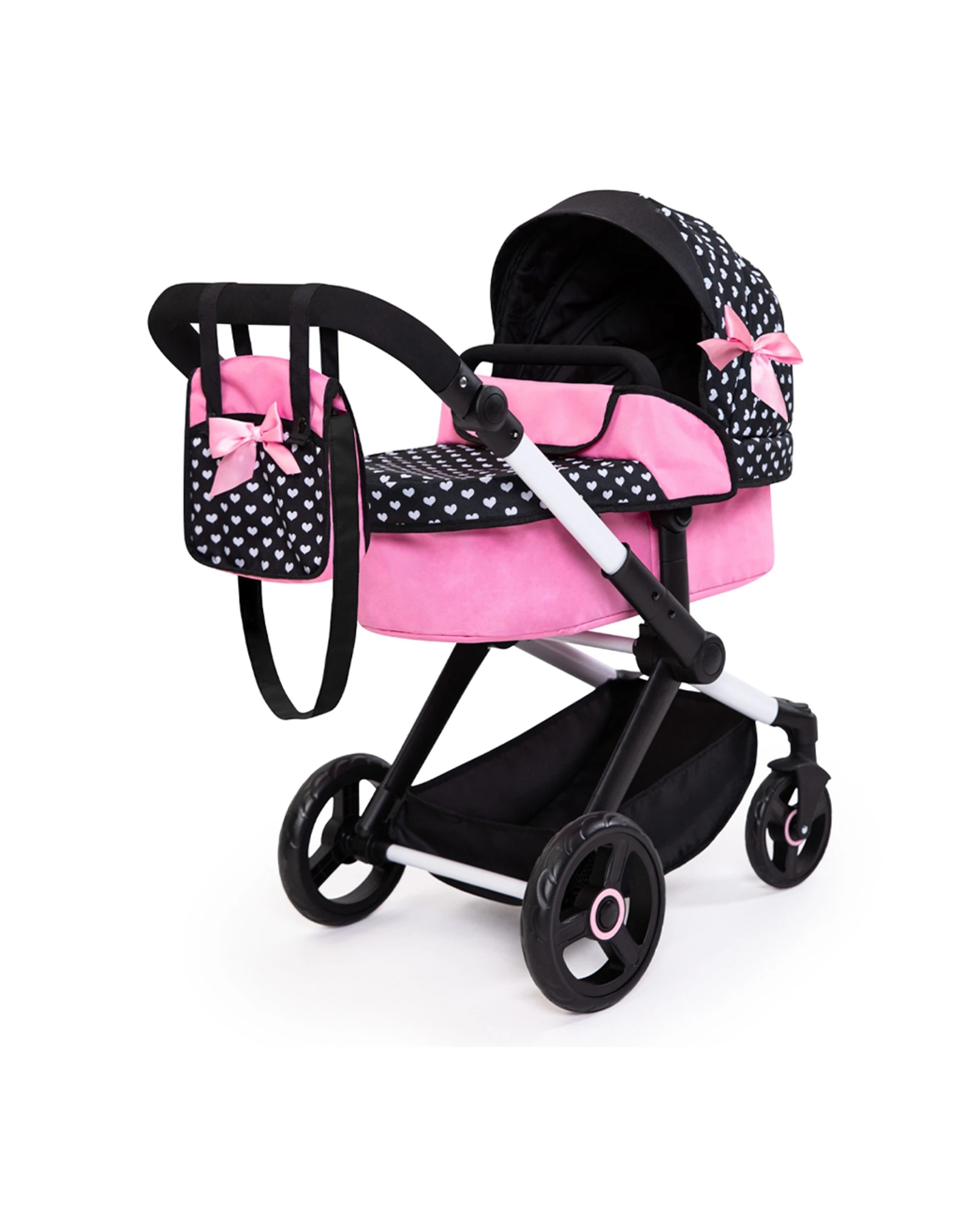 1 Bayer Xeo Compact Adjustable Doll Pram With White Hearts And Bow Kids 3+
 - Pink, 1 of 2