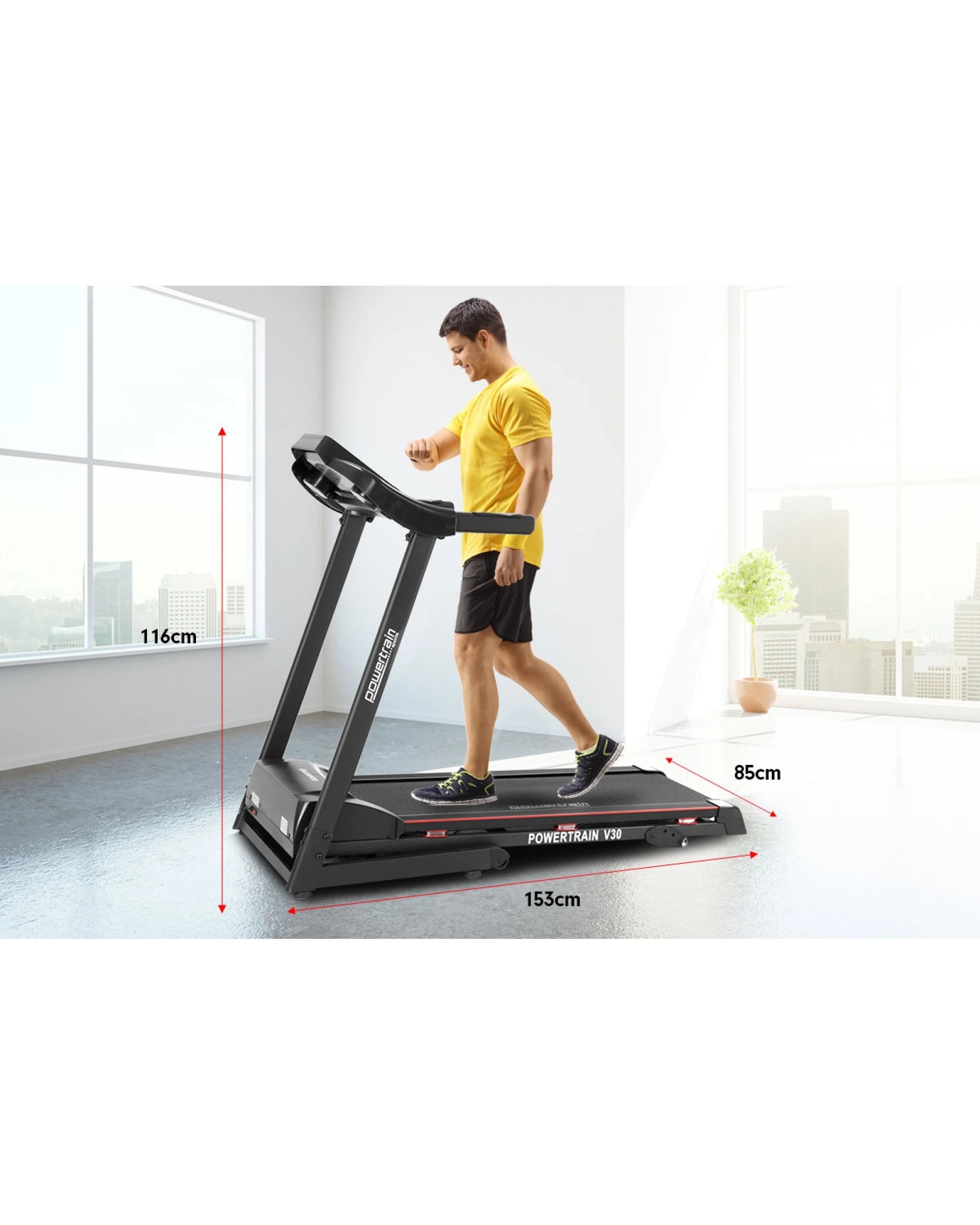 8 Powertrain V30 Foldable Treadmill 420mm Running Belt 14.8kmh Speed 3 Level Incline12 Programs USB AUX, 8 of 10