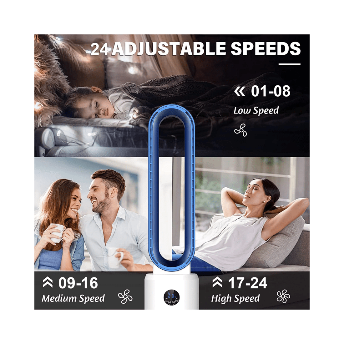 2 Advwin Bladeless Tower Fan, Standing Floor Fan Air Circulator with Remote Control Speeds Adjustable, Blue, 2 of 7