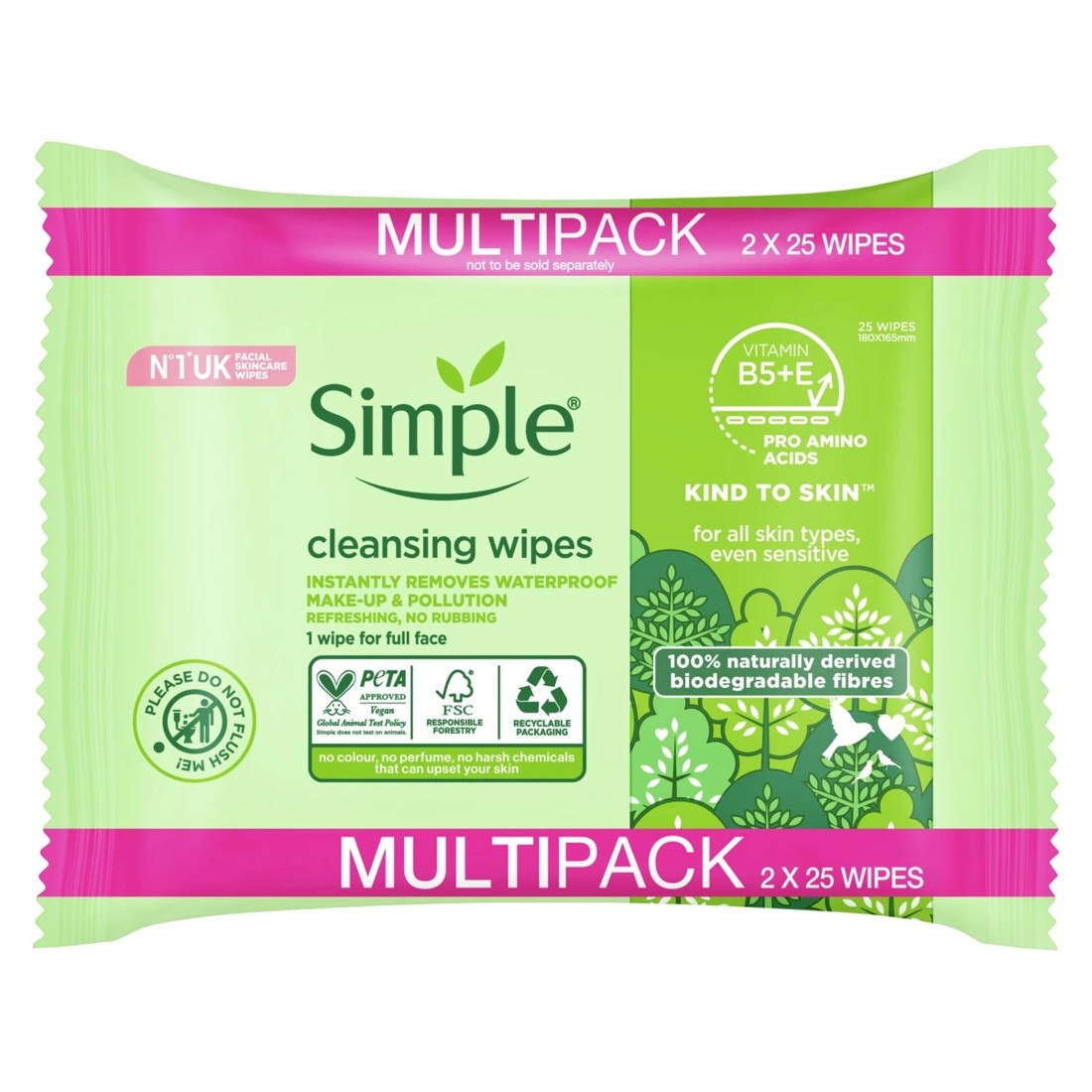 1 50 Pack Simple Kind to Skin Biodegradable Cleansing Wipes - Vitamin B5, Vitamin E and Pro Amino Acids, 1 of 9