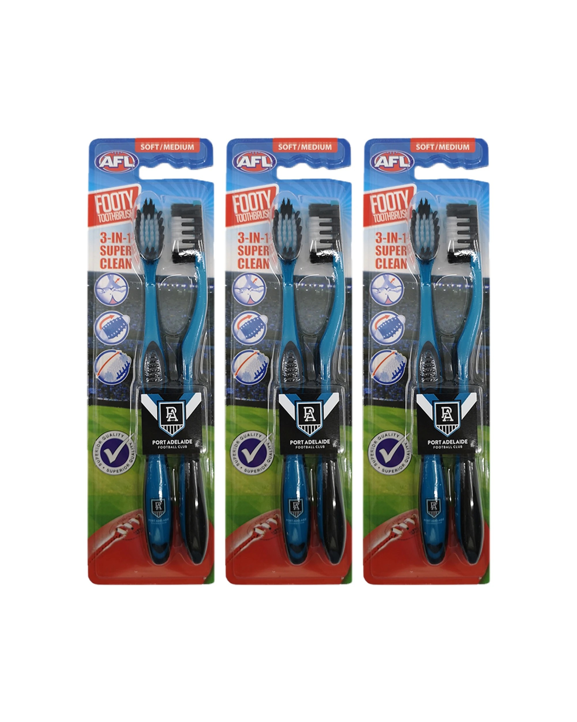 1 AFL 3x 2pc Soft/Medium Toothbrush Oral Care Port Adelaide Power Kids/Adults - Blue, 1 of 1