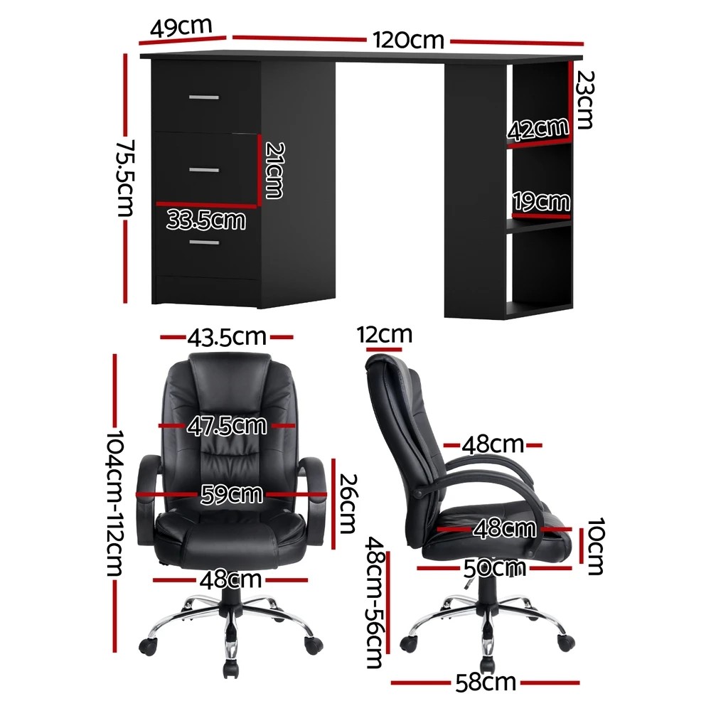 2 Artiss Computer Desk 120cm Executive Office Chair Set PU Leather High Back - Black, 2 of 6