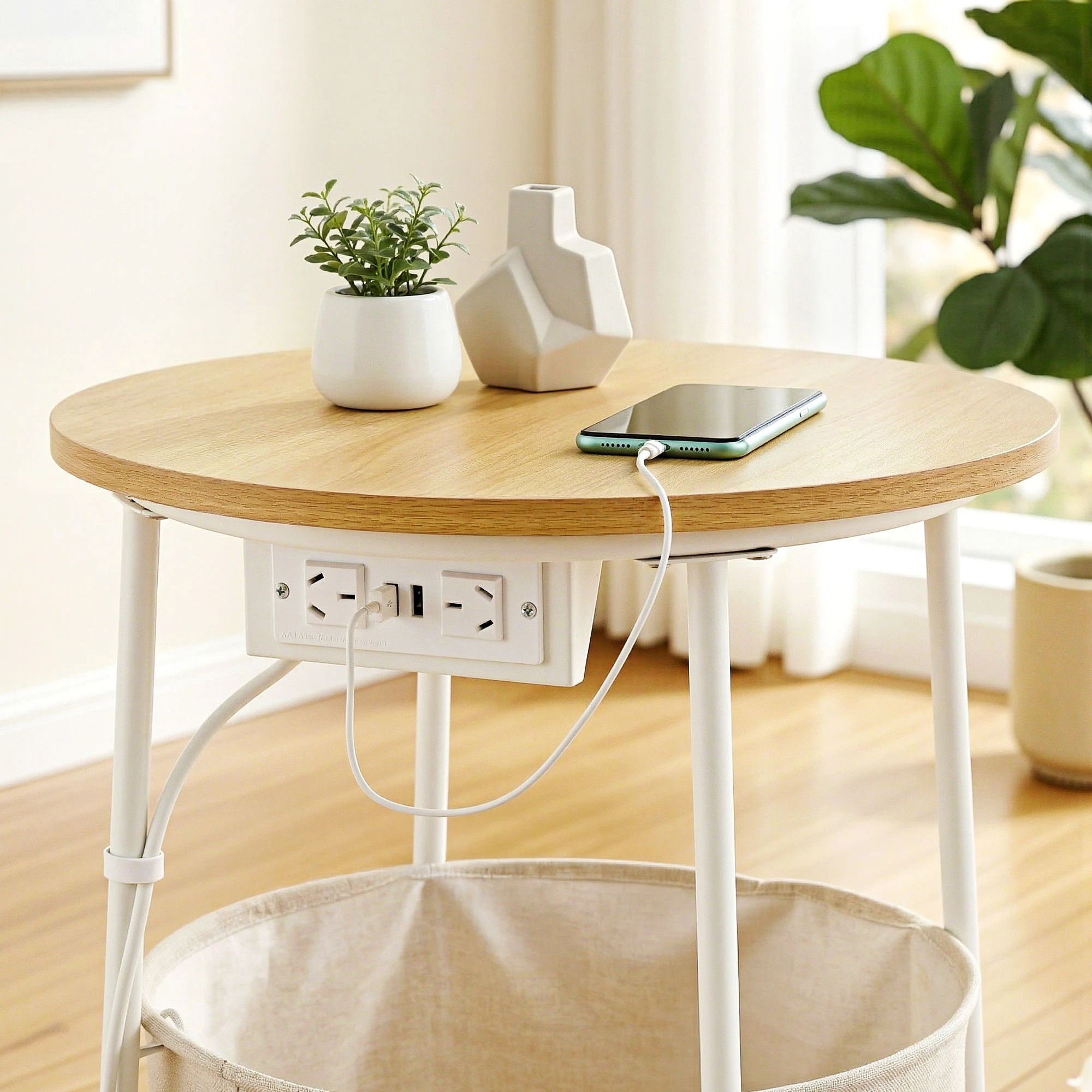 5 Artiss Round Coffee Table Side End Bedside Table Charging Station Storage Basket Wood - Beige, 5 of 9