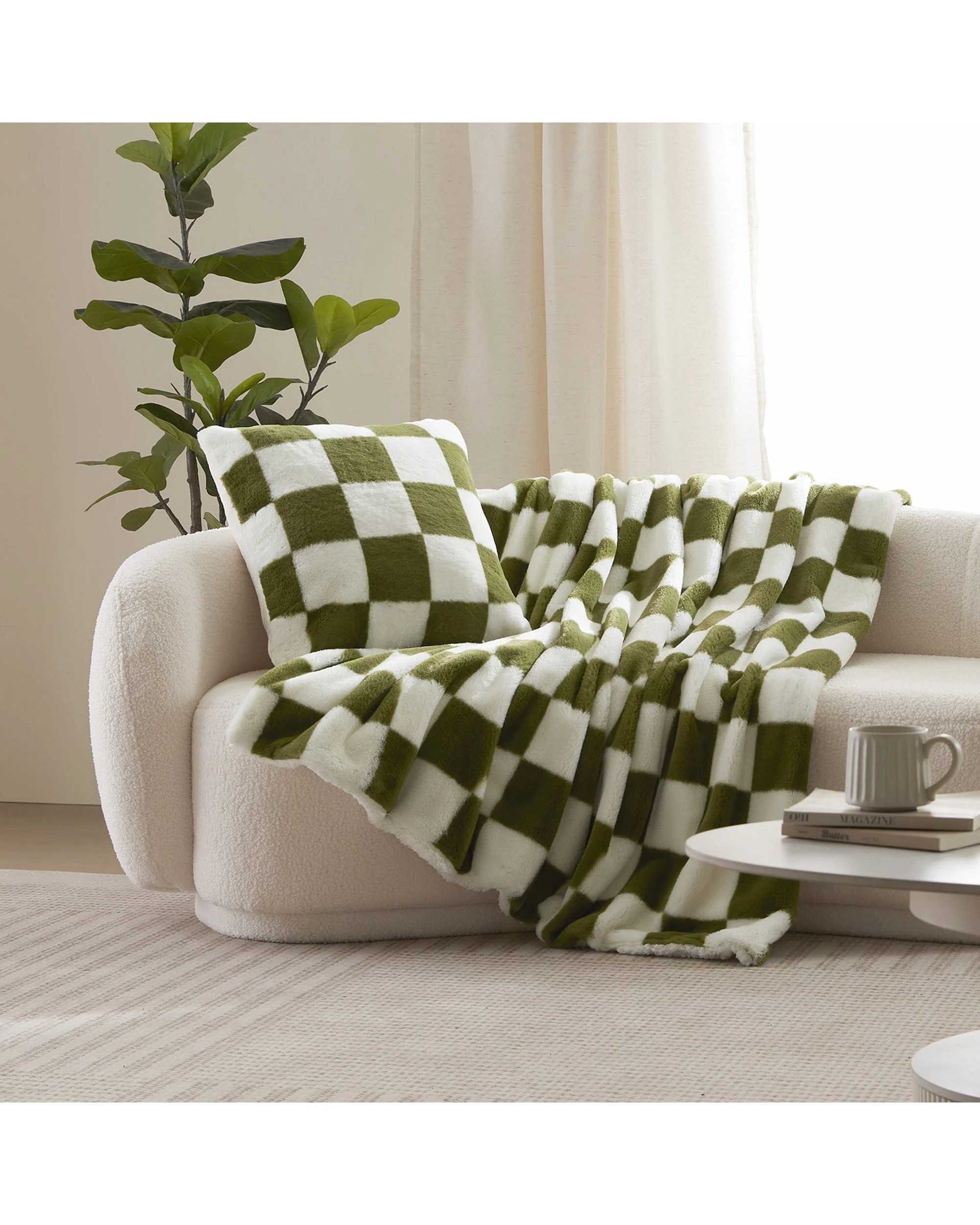 1 Dreamaker Checkered Plush Throw Blanket 130x170cm - Olive and Cream, 1 of 6
