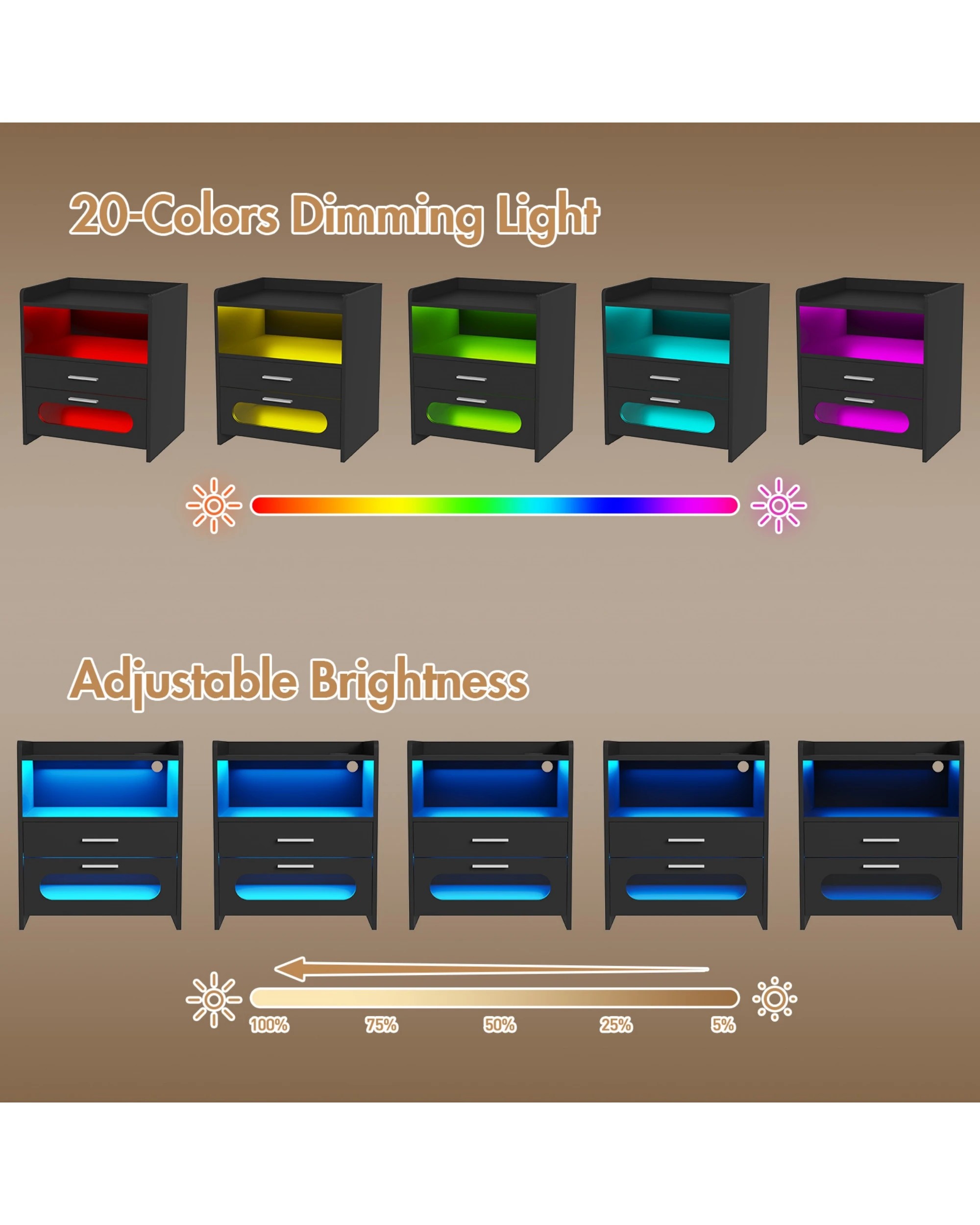 6 Advwin Bedside Table Wireless Charging Station Led Lights 2 Drawers Storage
 - Black, 6 of 9