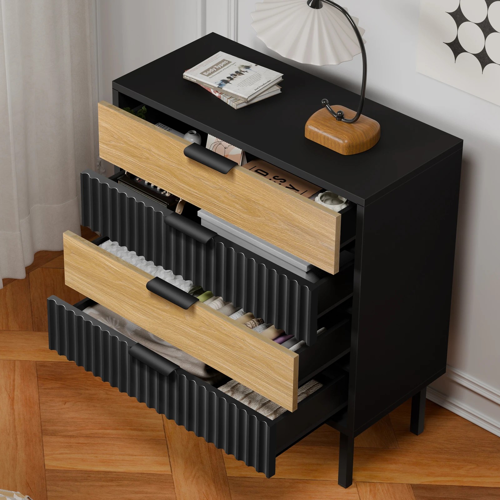 3 Alfordson 4 Chest of Drawers Dresser Tallboy - Black Wood, 3 of 10