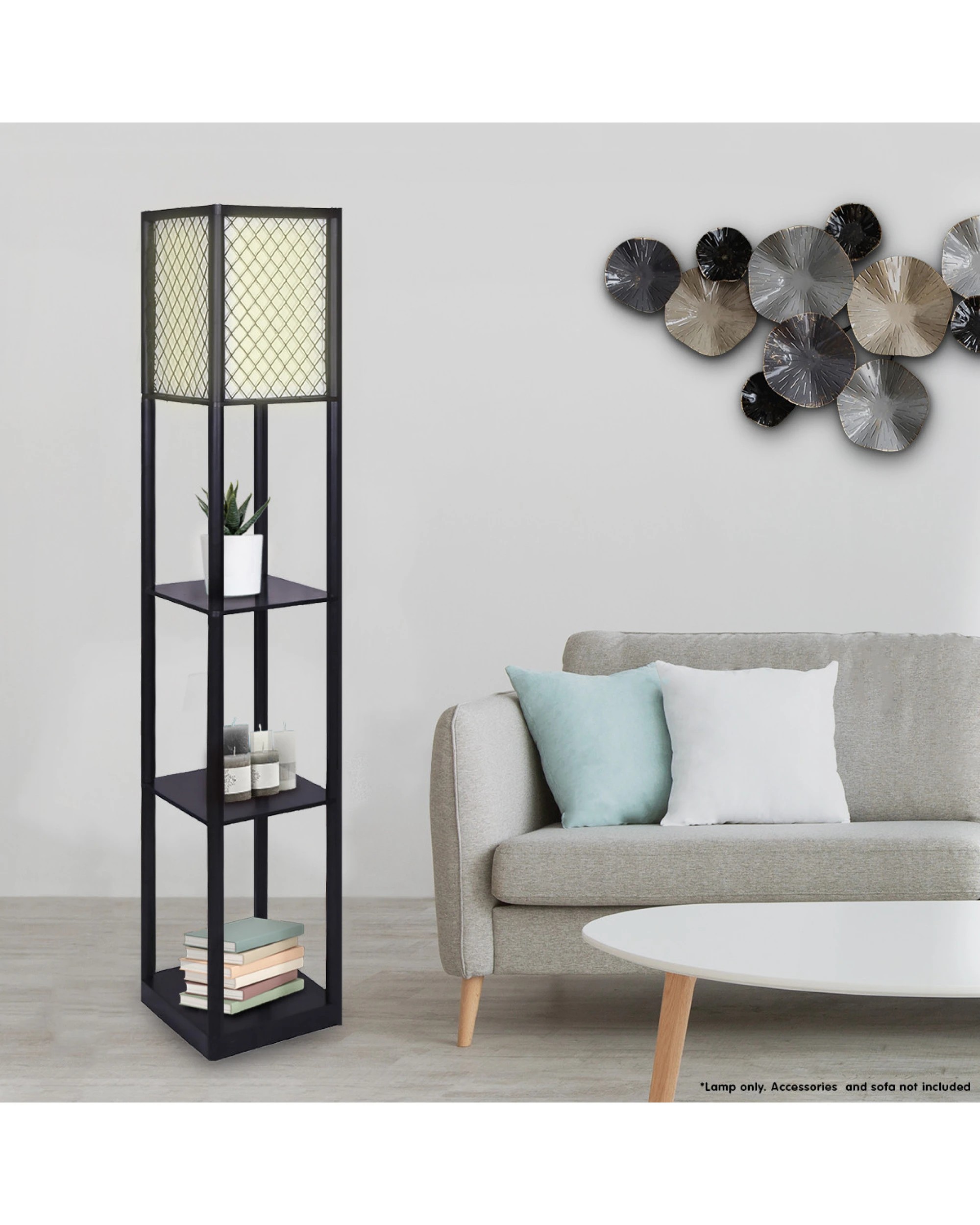 3 Sarantino Etagere Floor Lamp Diamond Look Fabric Shade Shelves Black, 3 of 4