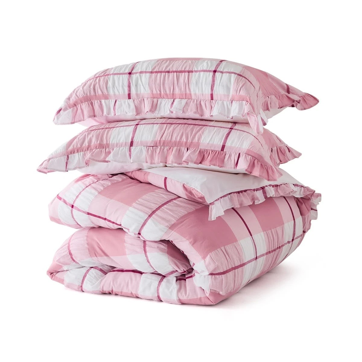 5 Check Seersucker Cotton Quilt Cover Set - Queen Bed, Pink, 5 of 6