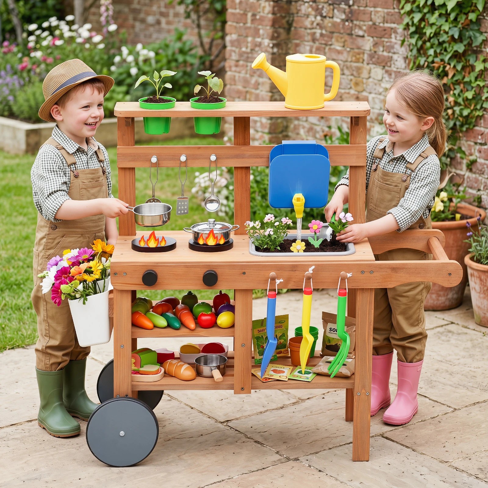 4 Costway Mud Kitchen Rolling Outdoor Play Kitchen Pretend Playset w/Flowerpots - Natural, 4 of 4