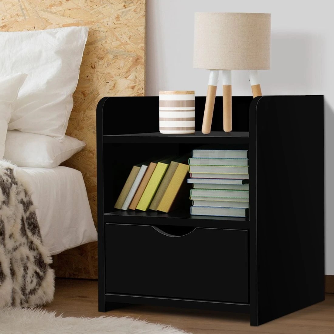 3 Artiss Bedside Table 1 Drawer with Shelf - Black, 3 of 10