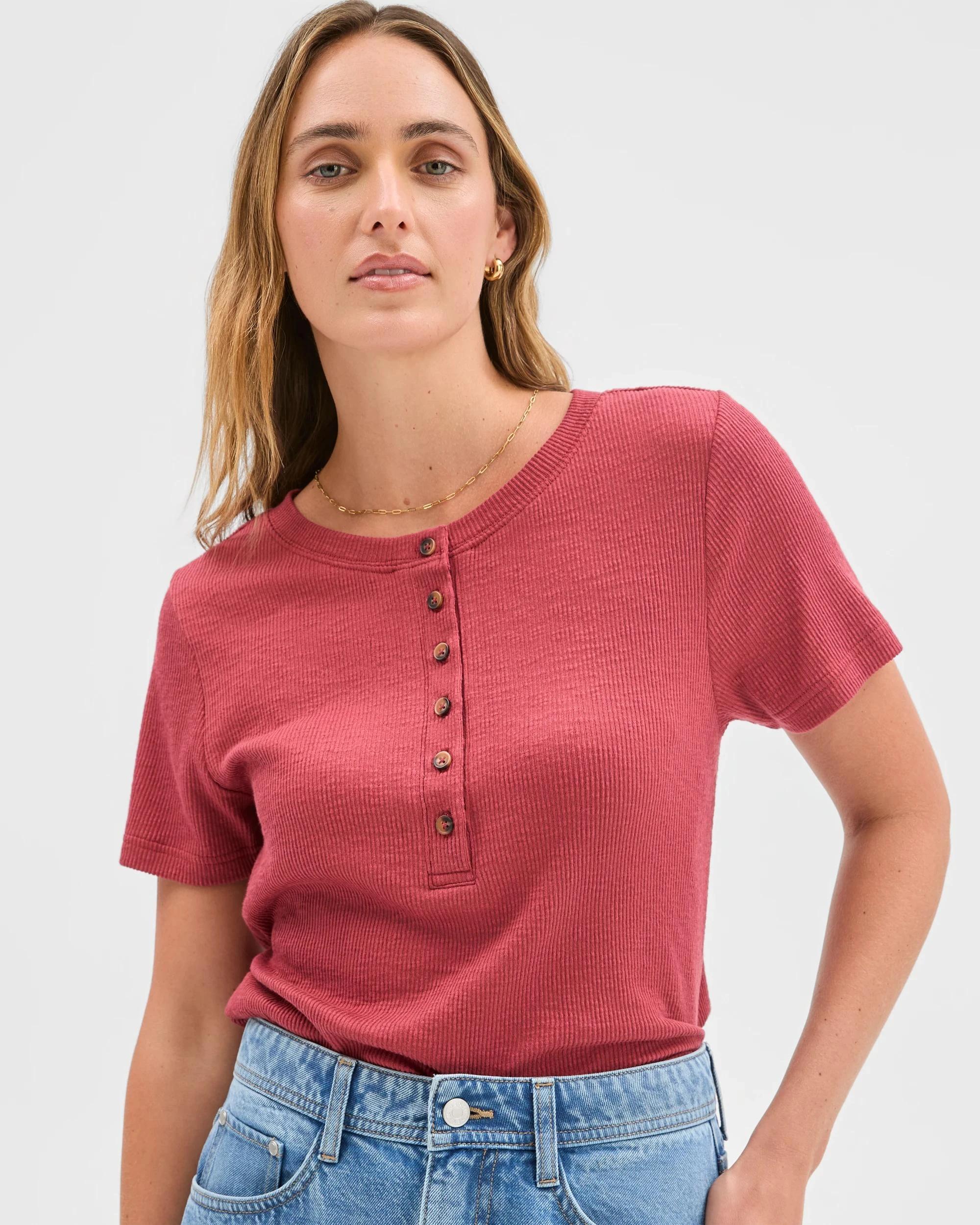 3 Target Woman Australian Cotton Blend Textured Rib Henley T-Shirt EARTH RED, 3 of 5
