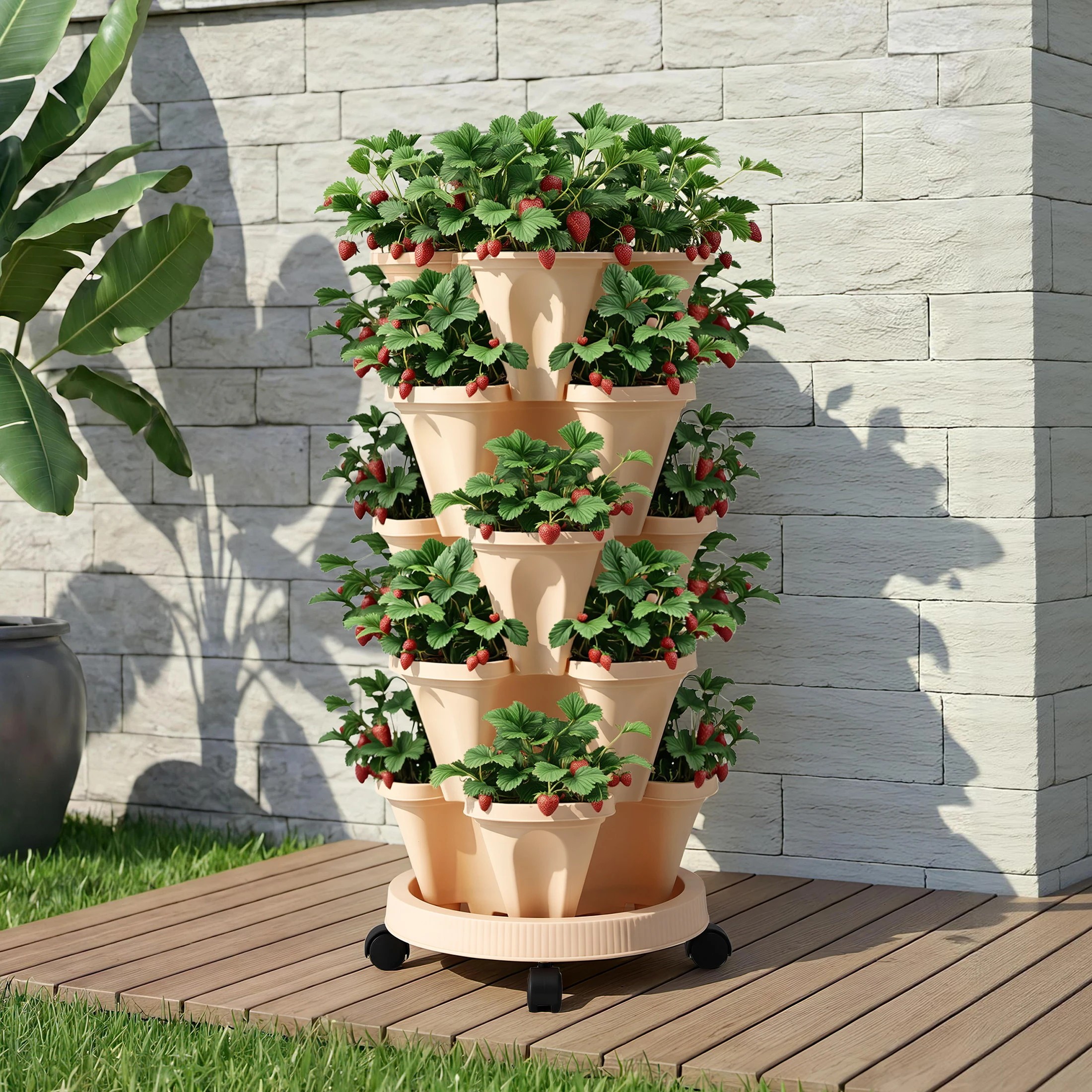 5 Green Fingers Garden Bed 5 Tier Vertical Garden Grey Strawberry Stackable Planters Herbs - Yellow, 5 of 5