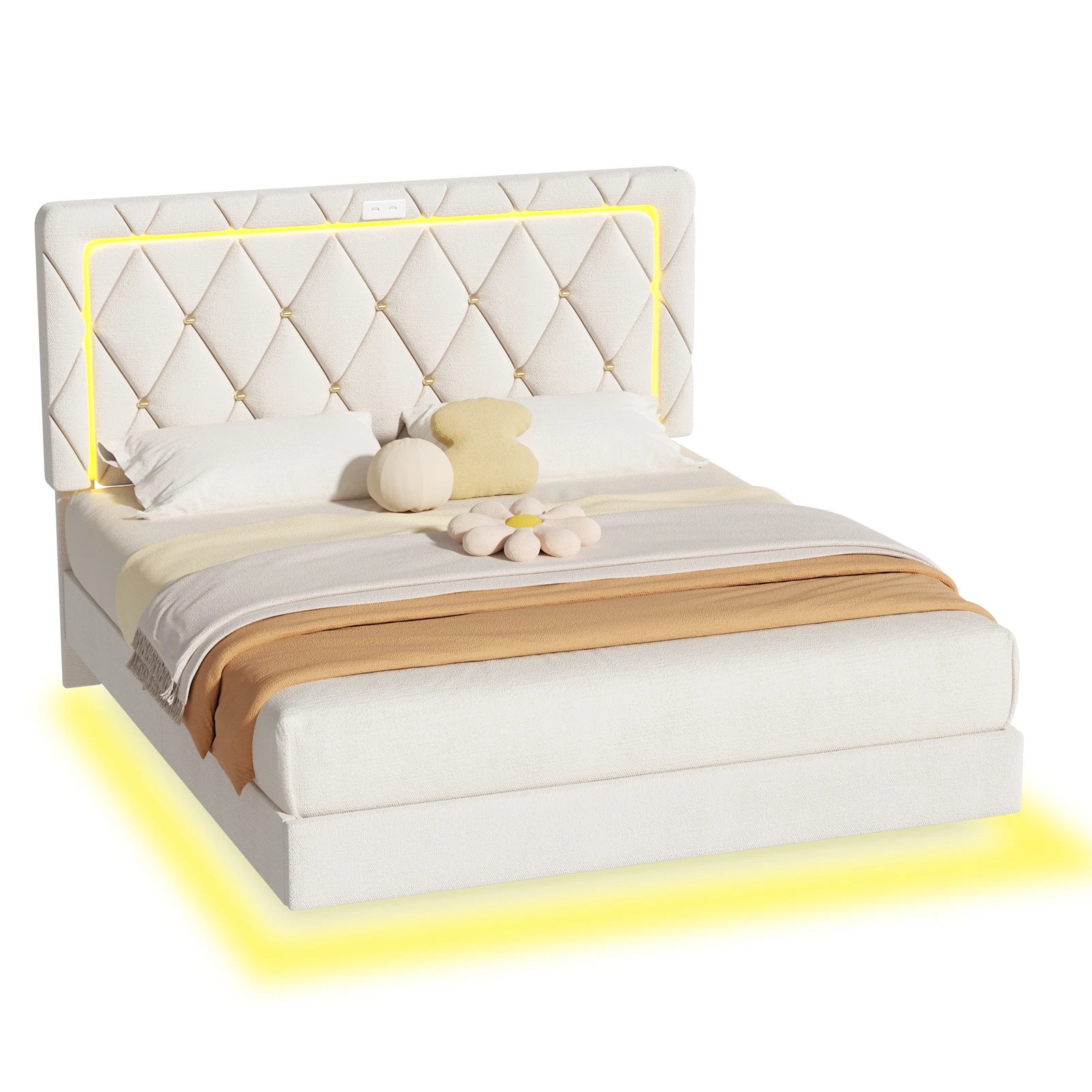 1 Advwin Queen Velvet Button-Tufted Floating Bed Frame with LED and USB - Beige, 1 of 9