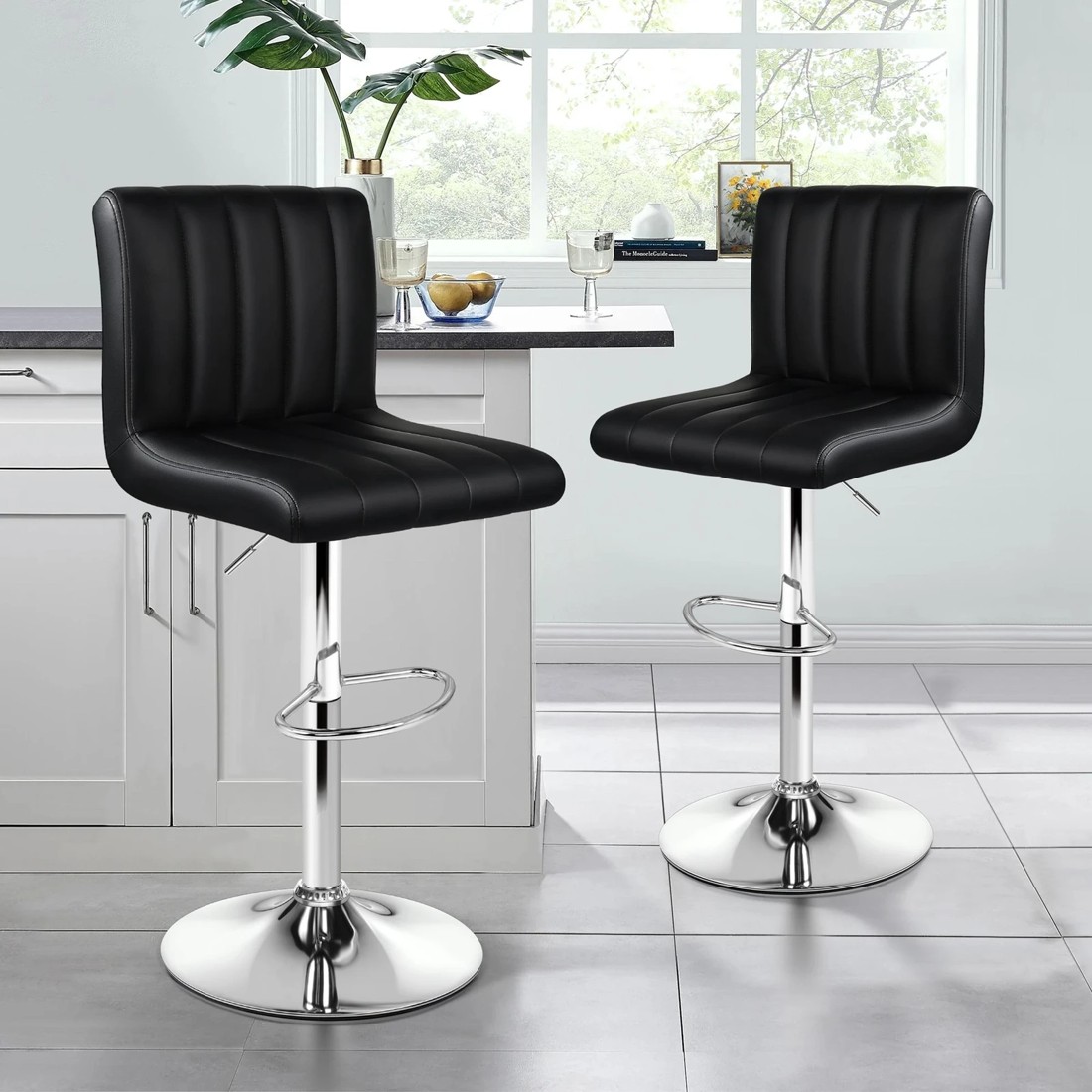 2 Alfordson 2x Bar Stools Macias Kitchen Swivel Chair Leather Gas Lift - Black, 2 of 10
