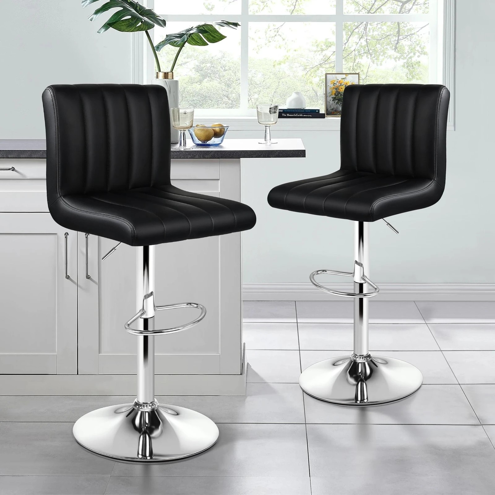 2 Alfordson 2x Bar Stools Macias Kitchen Swivel Chair Leather Gas Lift - Black, 2 of 10