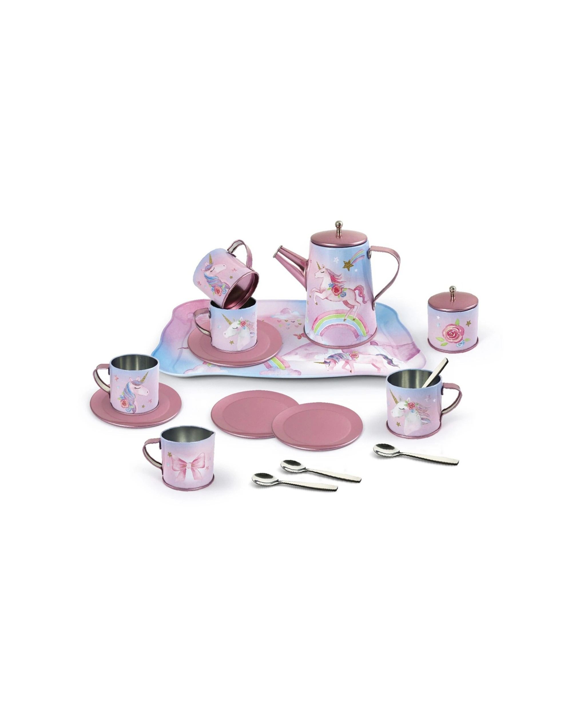 1 Kaper Kidz 18pc Rainbow Unicorn Tin Tea Mug Set In Suitcase Kids Pretend Play Toy - Multi, 1 of 6