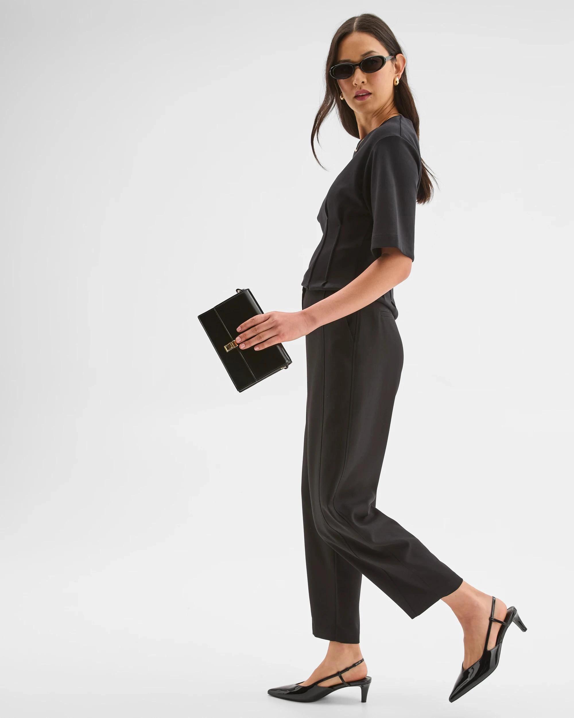 3 Preview Australian Cotton Blend Short Sleeve Knit Waisted Top BLACK, 3 of 9