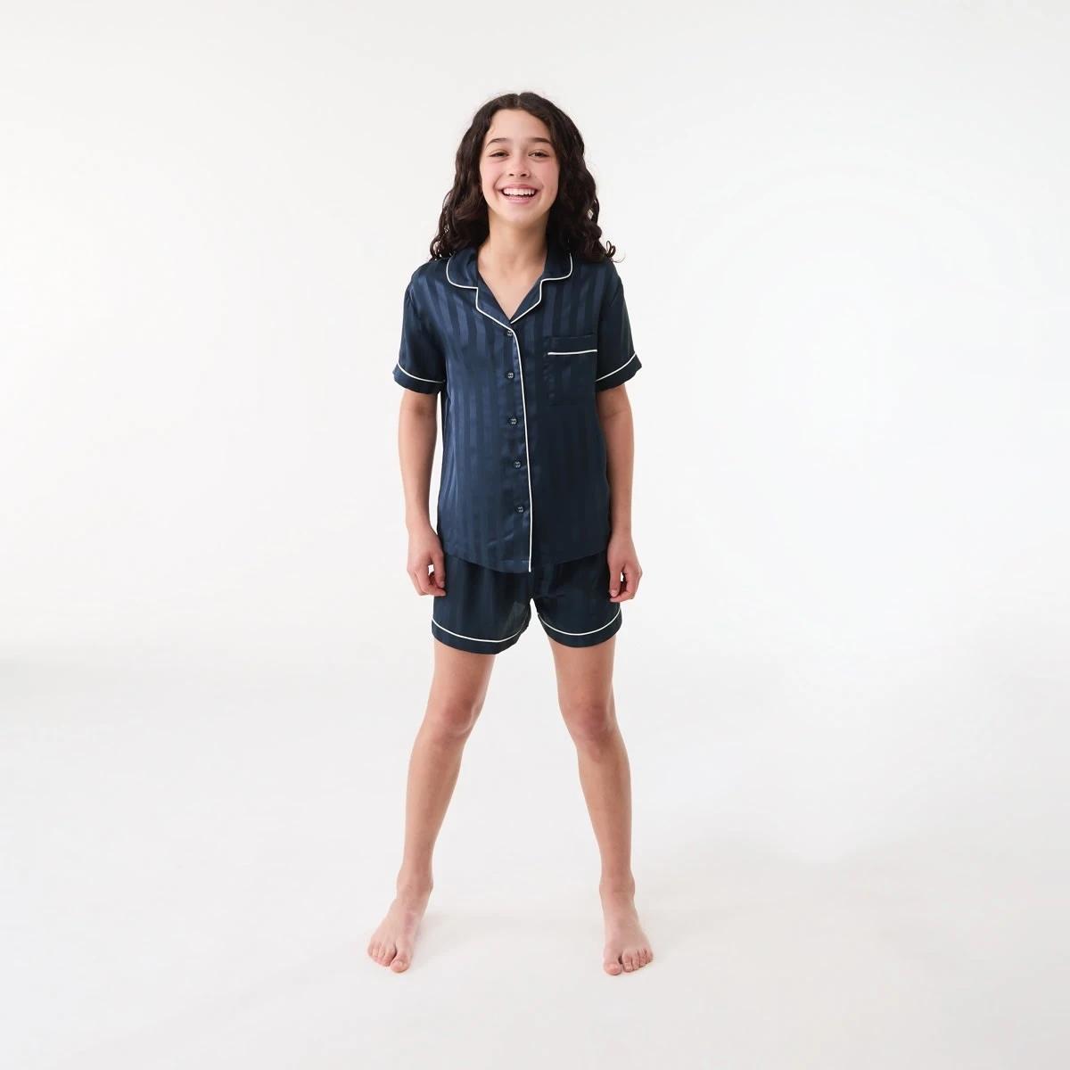 1 Short Sleeve Satin Pyjama Set JACQUARD STRIPE DEEP INDIGO, 1 of 6