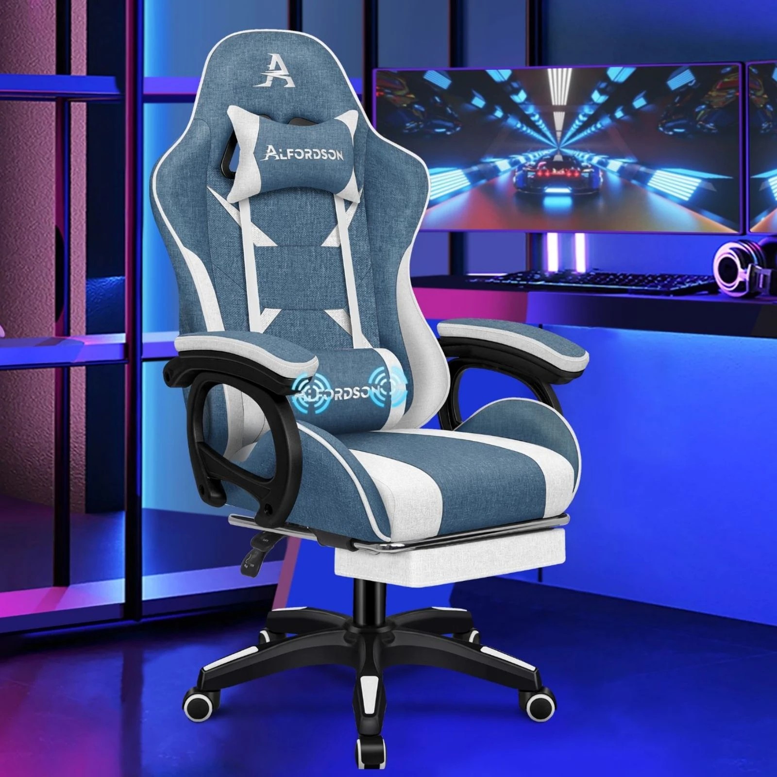 2 Alfordson Gaming Chair Office Massage Racing Computer Seat Fabric Footrest - White, 2 of 10