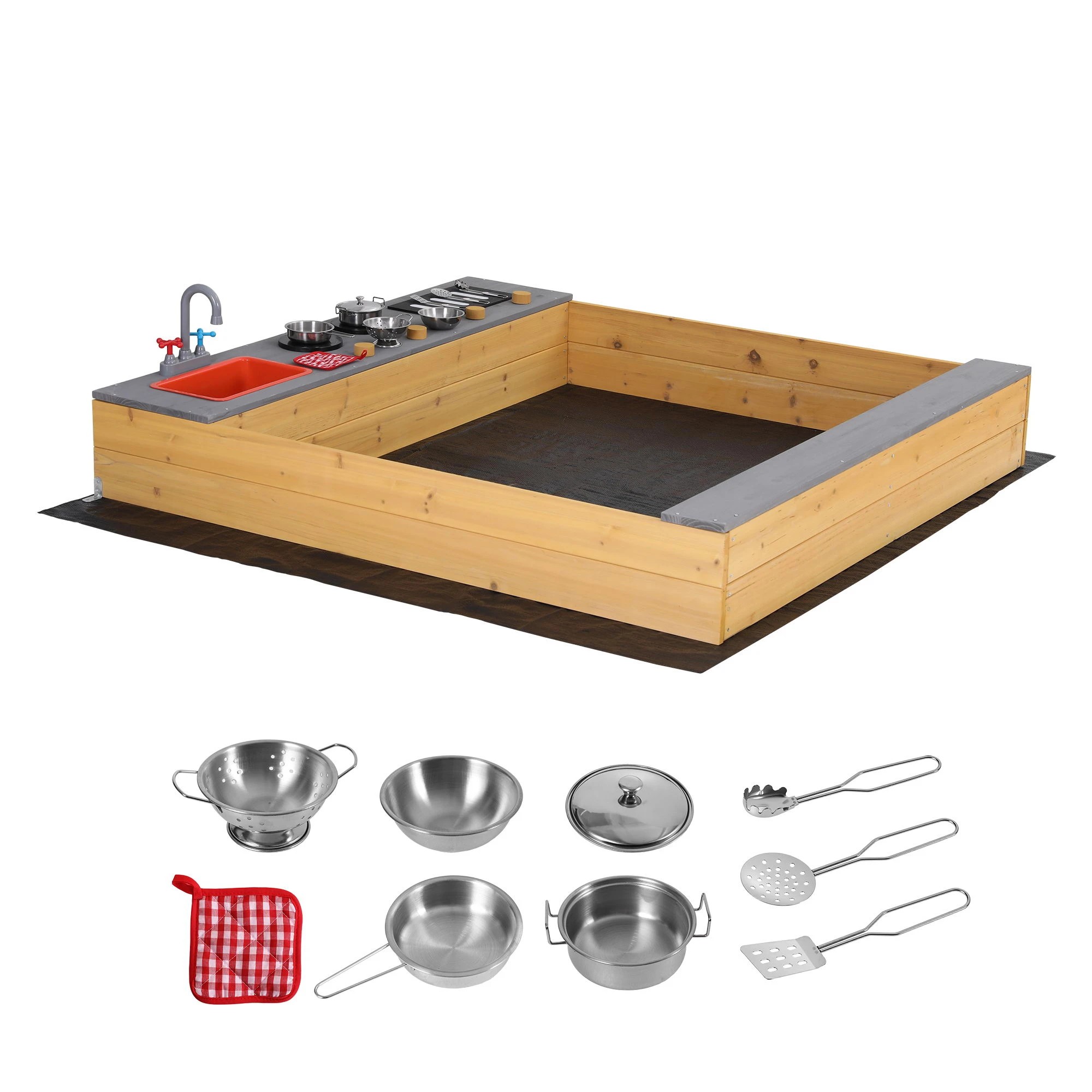 1 Keezi Wooden Sandpit Sand Pit Outdoor Kids Toy Box Mud Kitchen Sink Storage - Multi, 1 of 2