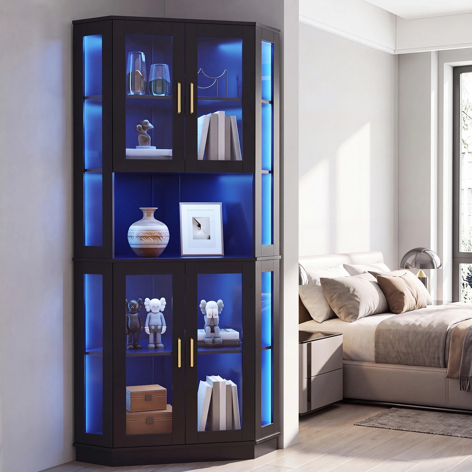 8 Advwin 5-Tier Corner Glass Wine Bar Cabinet with LED Lights Built-In Wine Glass Rack - Black, 8 of 9