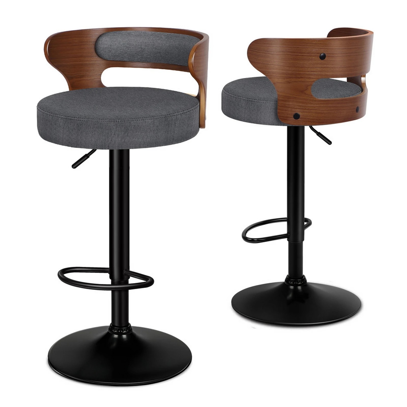 1 Alfordson 2x Bar Stool Kitchen Swivel Chair Wooden Linen Fabric Ramiro - Grey, 1 of 9