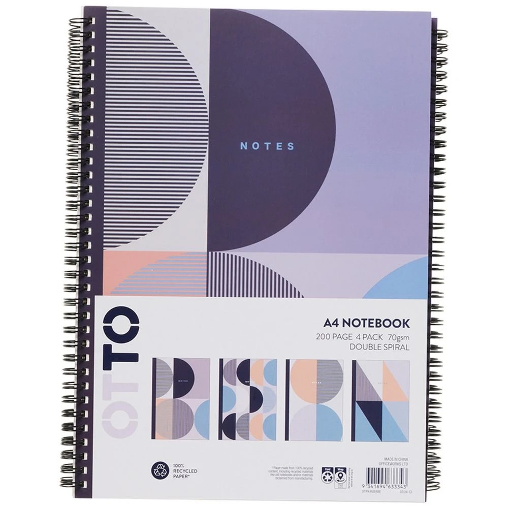 1 Otto A4 Spiral Notebook 200 Page Abstract Blue 4 Pack, 1 of 3