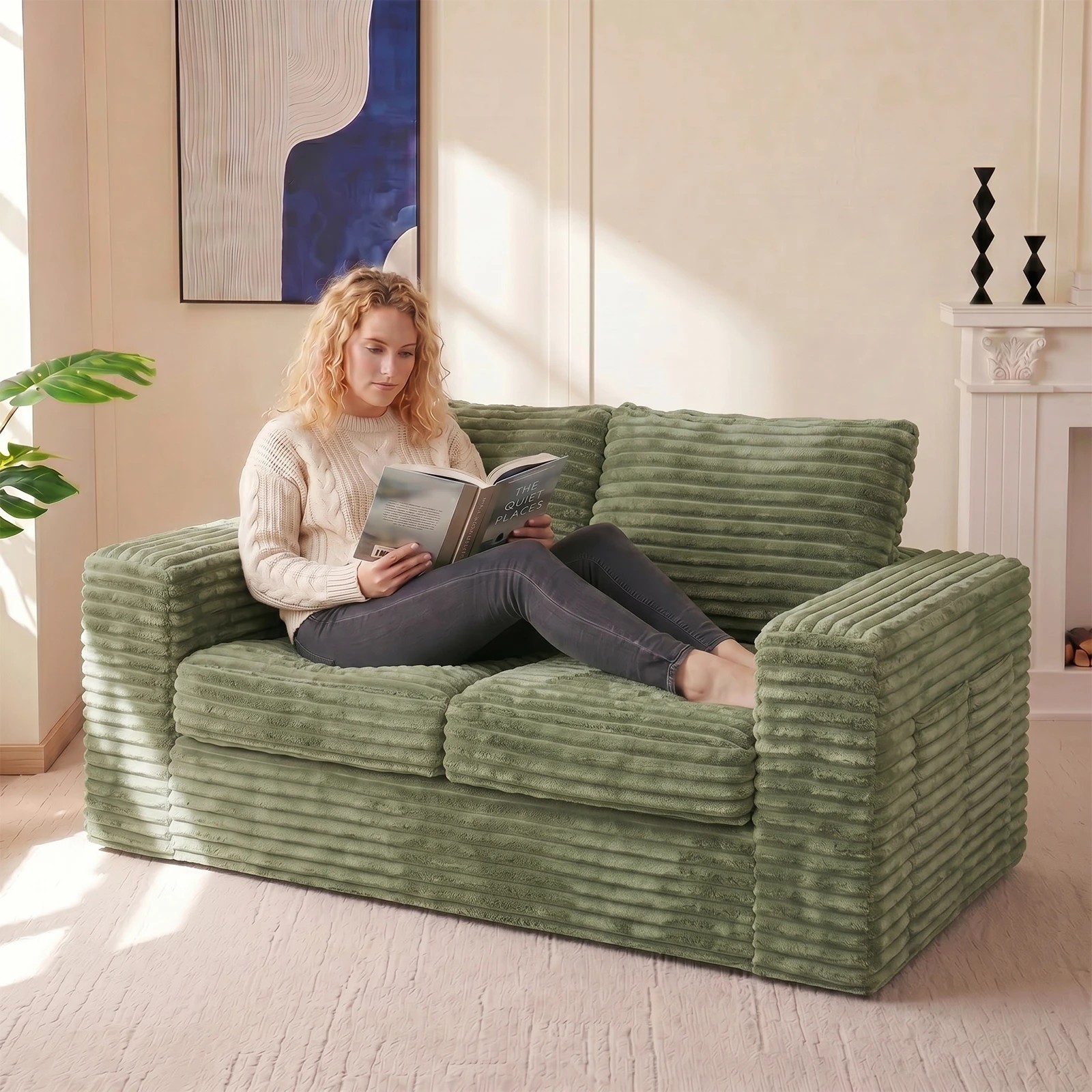9 Advwin Loveseat Floor Sofa 162cm Wide-wale Corduroy Love Seat Couch - Green, 9 of 9