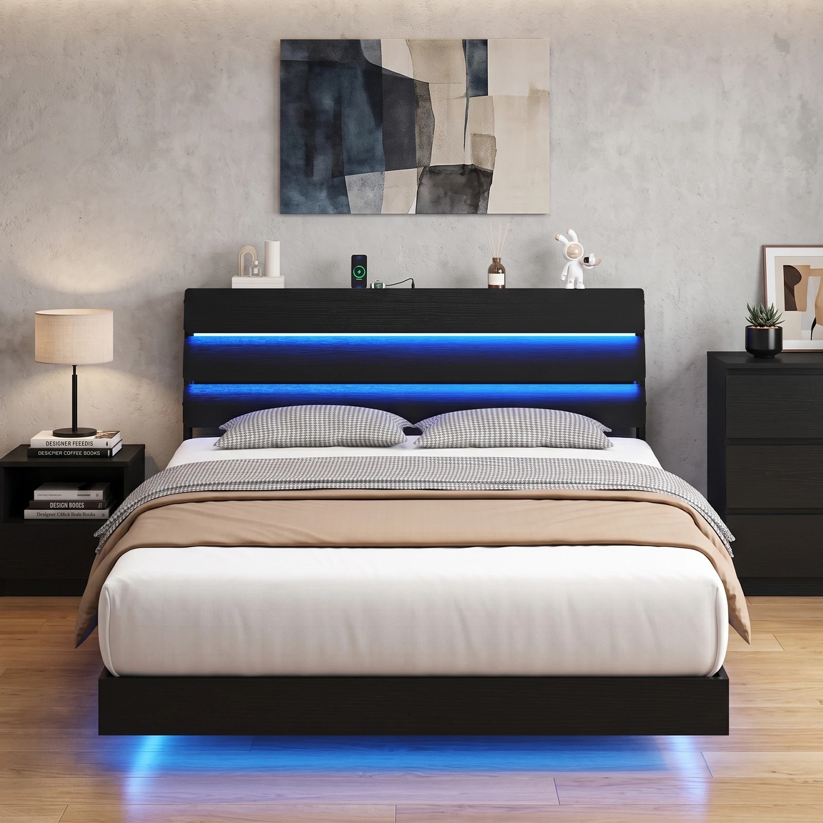7 Advwin Double Size LED Floating Bed Frame with Tiered Storage Headboard Charging Station - Black, 7 of 8