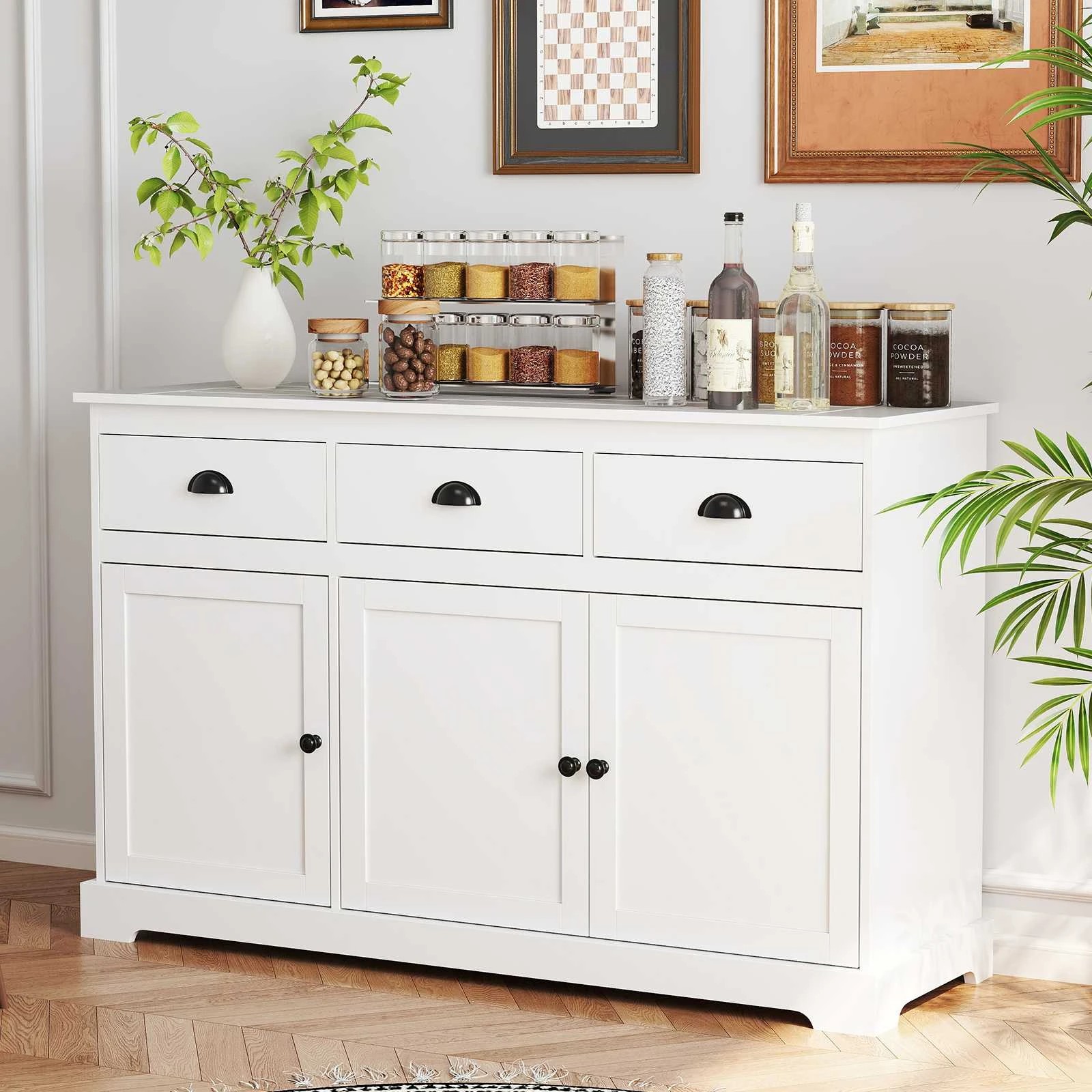 2 Costway Kitchen Buffet 3 Doors White, 2 of 4