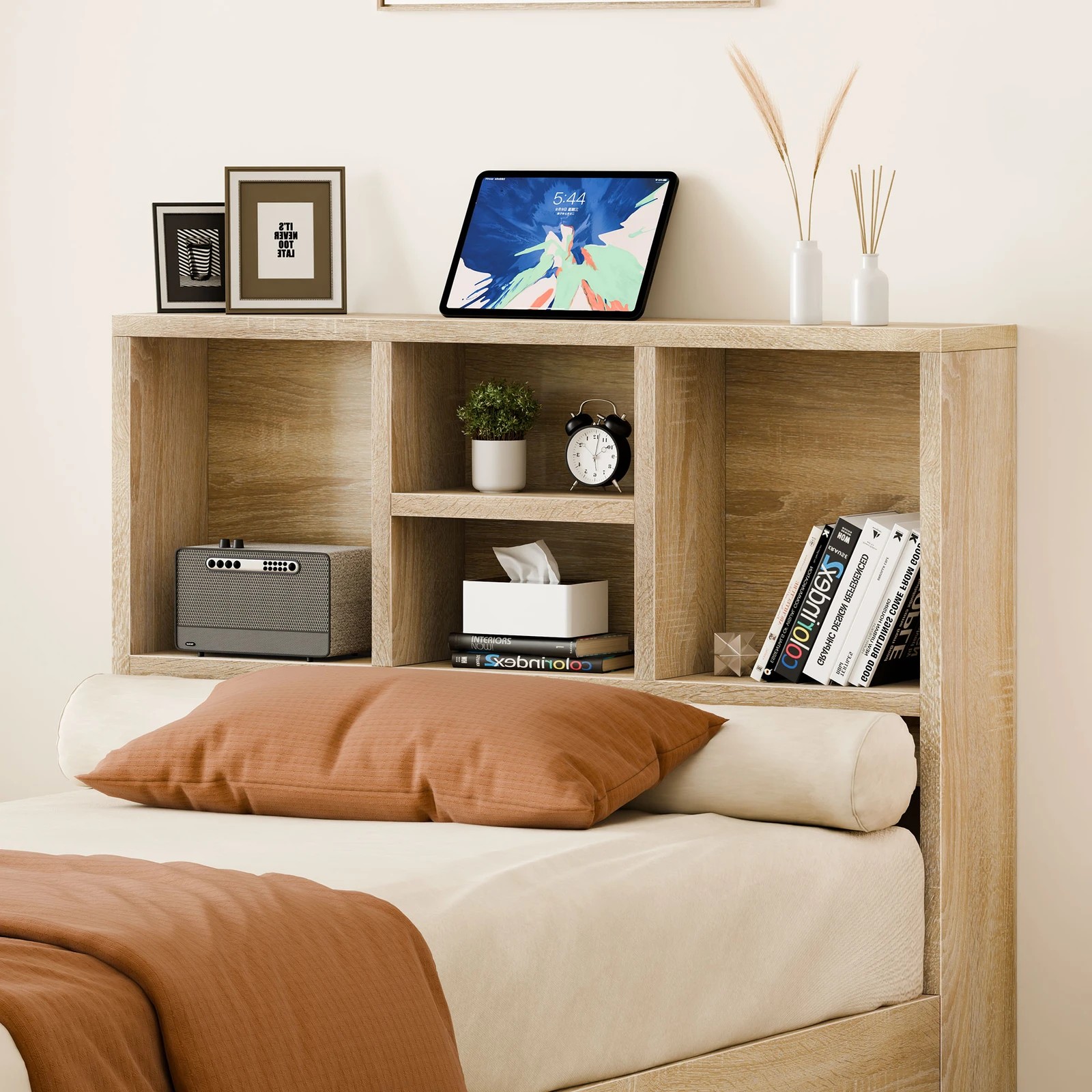 4 Alfordson Wooden Bed Frame Single Size Base with Bookshelf Storage Headboard - Oak, 4 of 10