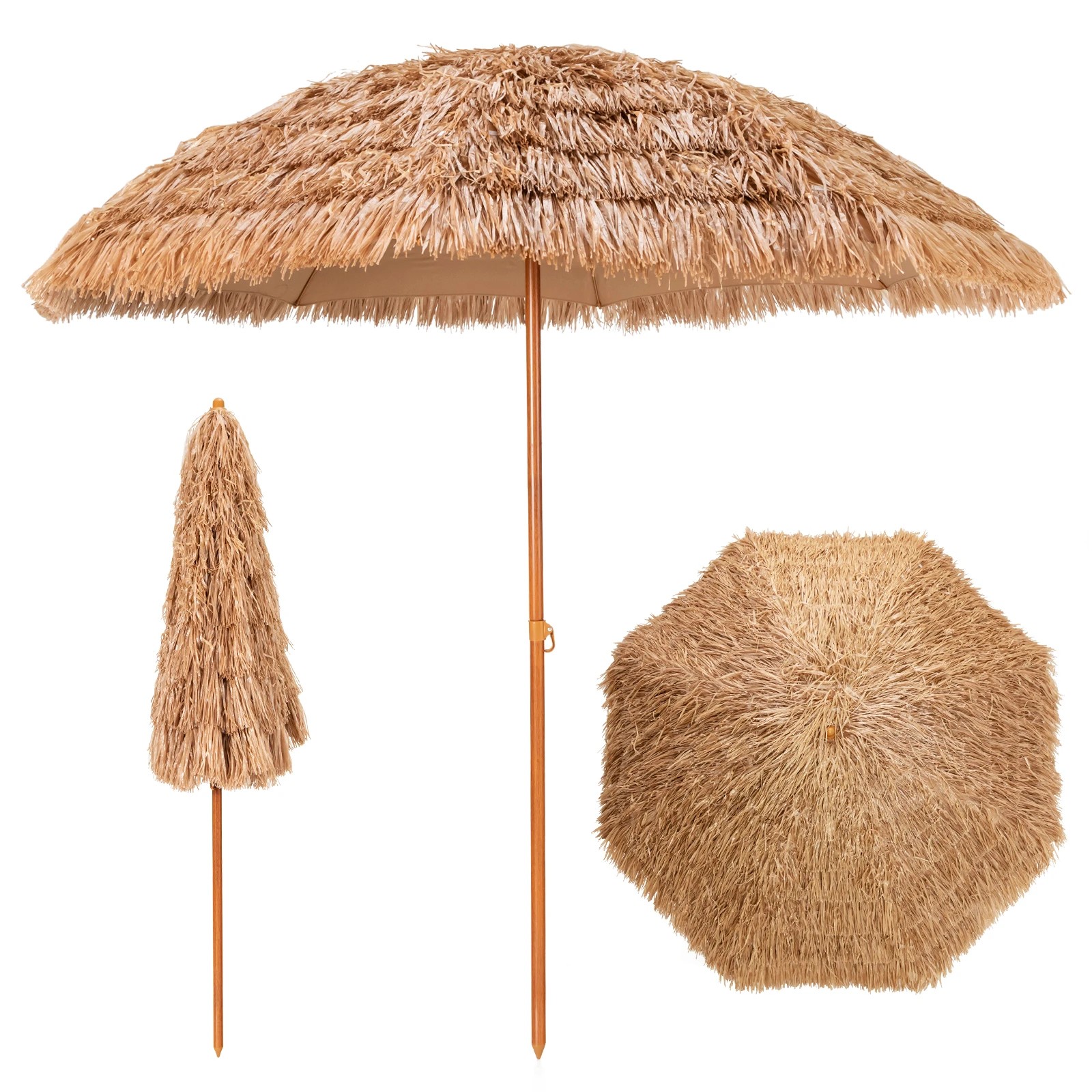 1 Costway 2.43m Patio Thatched Tiki Umbrella 8 Ribs Portable Hawaiian Hula Beach, 1 of 2